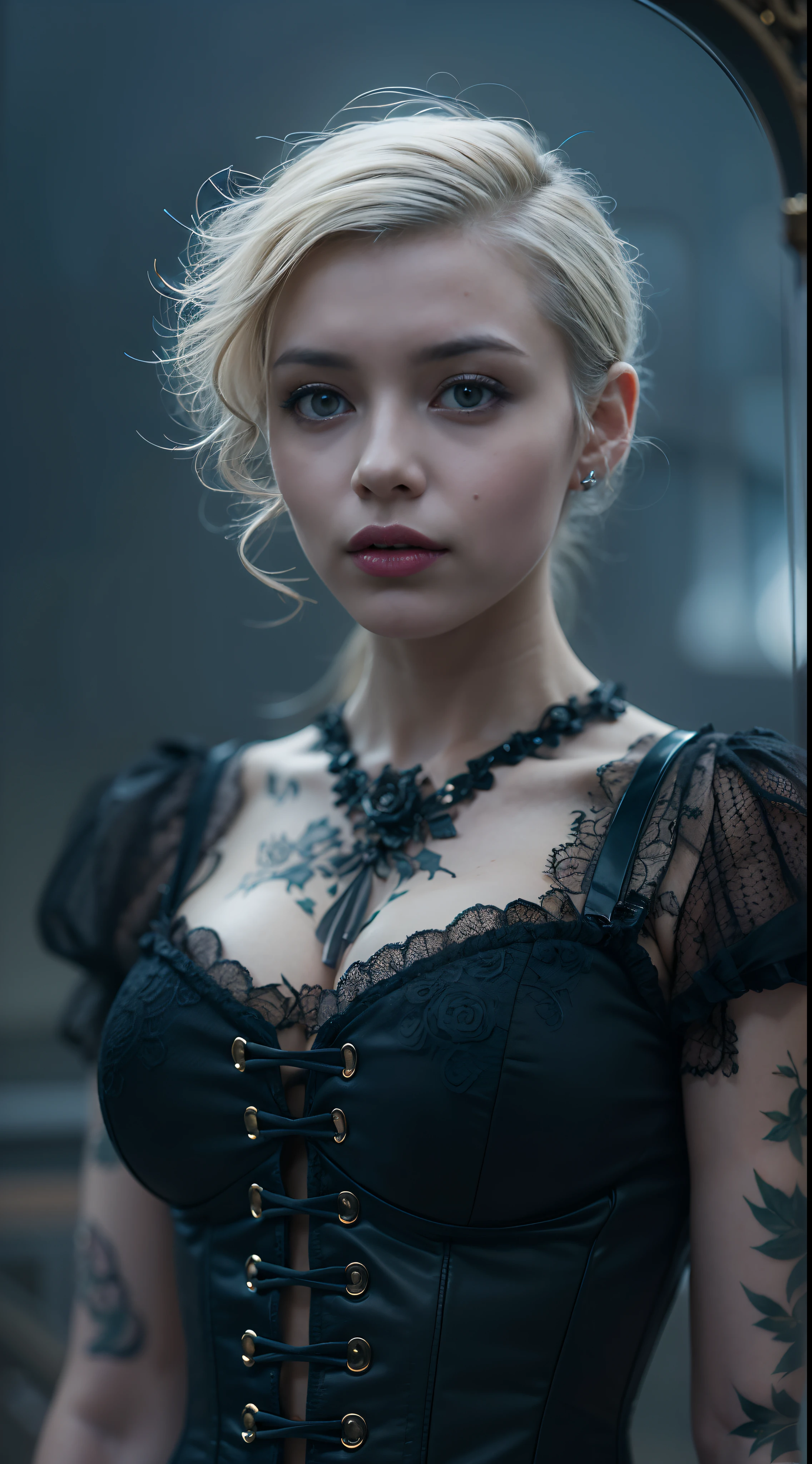 Cinematic film still, 1girl, new gothic gal, tattooed, crocheted, 25yo, pale skin, innocent smile, ((lips pierced)), latex corset, ((detailed face)), (detailed skin), moist, intricate details, shallow depth of field, background creepy victorian age cemetery [volumetric fog], cinematic lighting, reflections, photographed on a Canon EOS R5, 50mm lens, F/2.8, HDR, 8k resolution, full body, aged down, blond, blue eyes