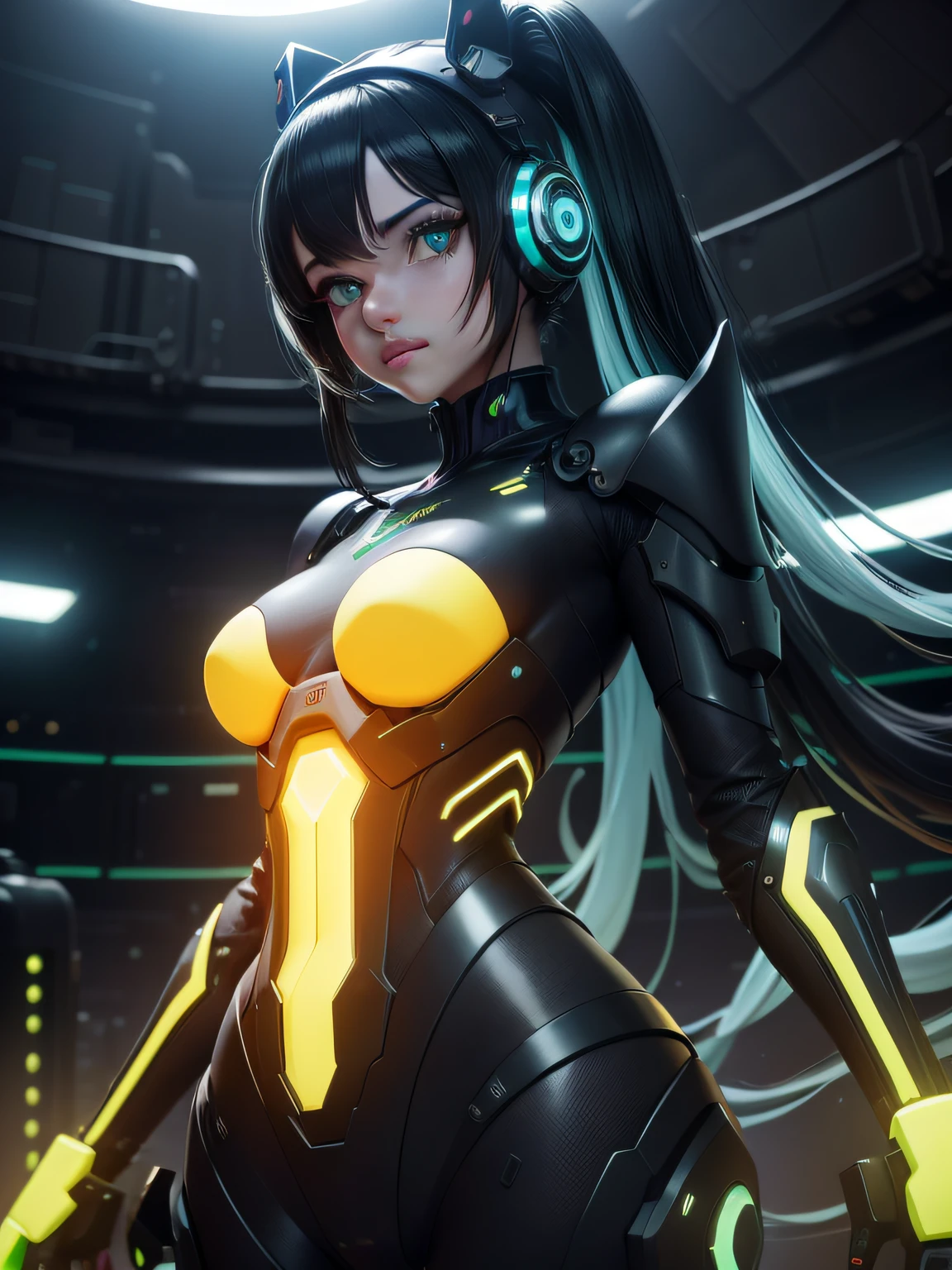 CGMECH, Olhos bonitos, parte superior do corpo, Peito Inferior, retrato, Robot, armadura, Hatsune miku, Neon light, 8k, .RAW, best quality, master part, ultra high-resolution, colorido, (Medium Wide Shot), (dynamic perspective), foco nítido , (profundidade de campo, Bokeh:1.3), olhos e rosto extremamente detalhados, belos olhos detalhados,seios grandes,(ouro negro, engrenagem aparada:1.2),(In a futuristic weapons factory:1.2), ((master part, best quality)), Antecedentes detalhados, Interior da nave espacial