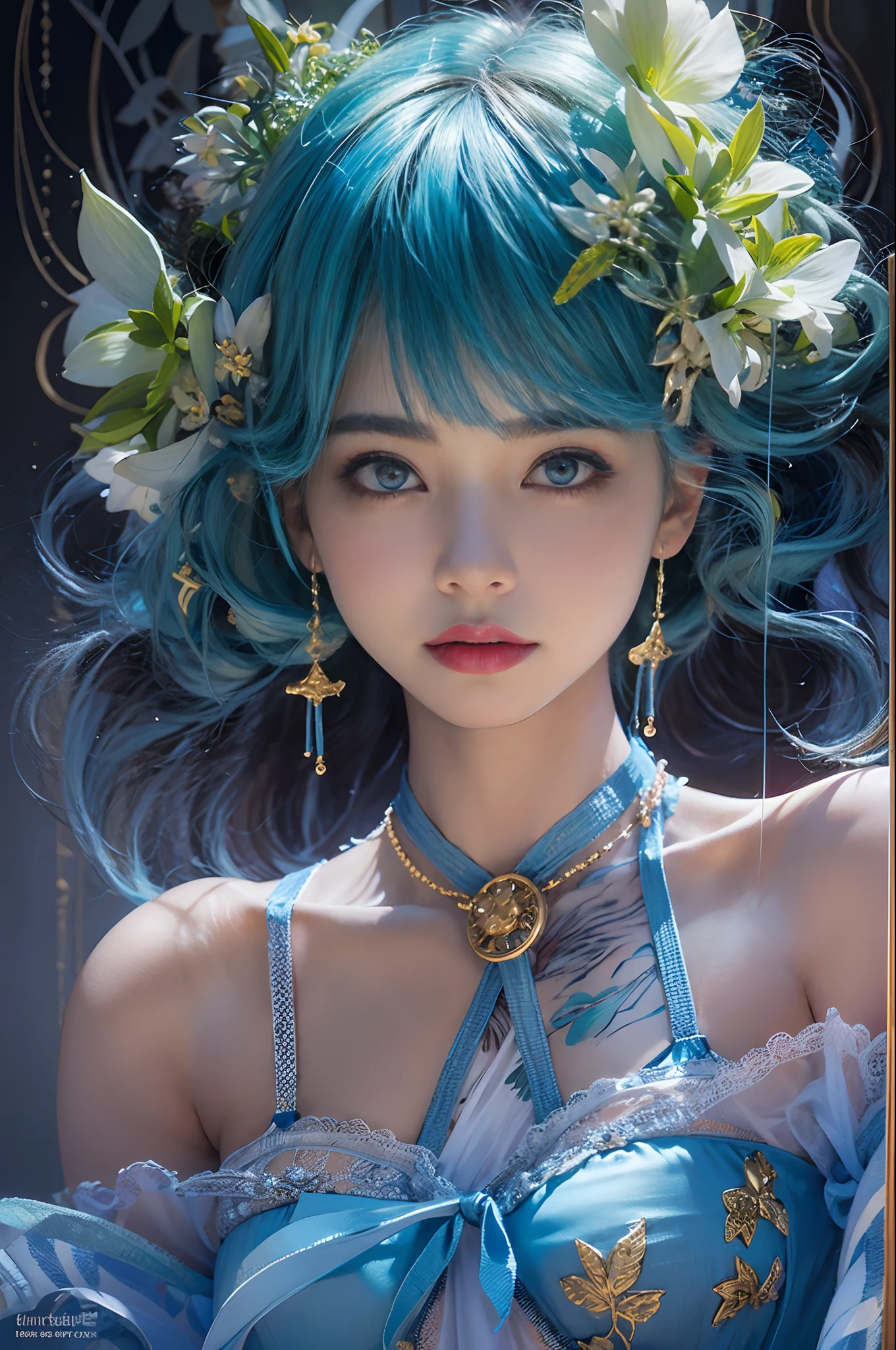(Front Focus)、(Clear blue: 1.6)、Hyperrealist female portrait by David Hockney and Alphonse Mucha、Fantasy Art、photoRealstic、Dynamic lighting、Original、art  stations、poster for、Volume Lighting、extra detailed face、16 K、Award-winning、NSFW.女の子1人、14years、in the darkness nigth、deep-shadows、(sexy lingerie:1.4)、