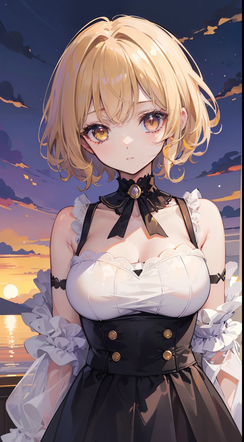 (top-quality、masterpiece、high-level image quality、Super delicate)、((Adonis))、(twinks)、(Smooth ivory hair)、(curly short hair、Long bangs)、Yellow eyes like a brilliant sunset、Black Choker、Black shirt、Idle Streamer、Moderately large breasts、(dark circles under the eyes)、glamor