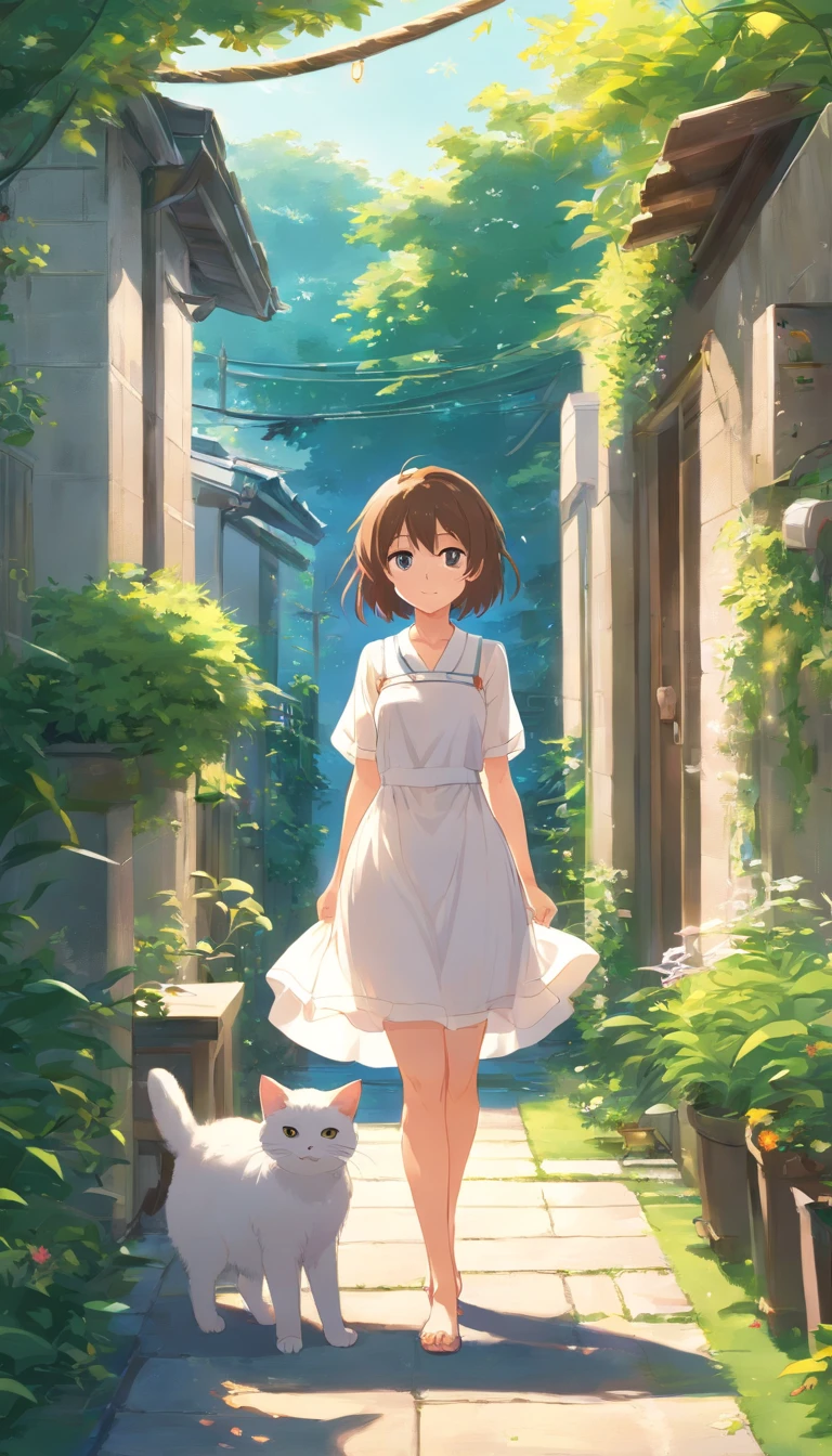 Anime girl in white dress standing in garden with cat, Hang the laundry outside to dry,loli in dress, small curvaceous loli, Guviz-style artwork, Guweiz in Pixiv ArtStation, Guweiz on ArtStation Pixiv, Guviz, small li girl, Soft anime illustration, Anime visuals of cute girls, Detailed digital anime art