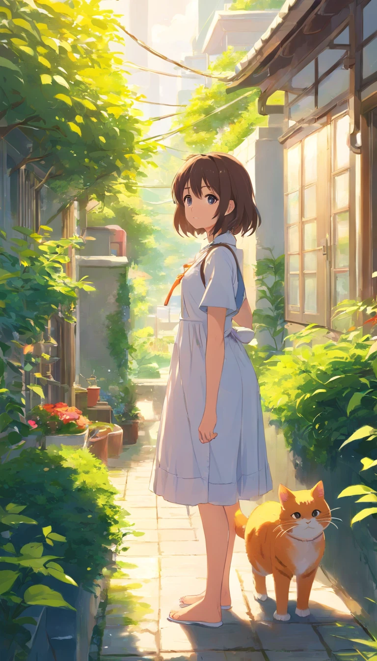 Anime girl in white dress standing in garden with cat, Hang the laundry outside to dry,loli in dress, small curvaceous loli, Guviz-style artwork, Guweiz in Pixiv ArtStation, Guweiz on ArtStation Pixiv, Guviz, small loli girl, Soft anime illustration, Anime visuals of cute girls, Detailed digital anime art