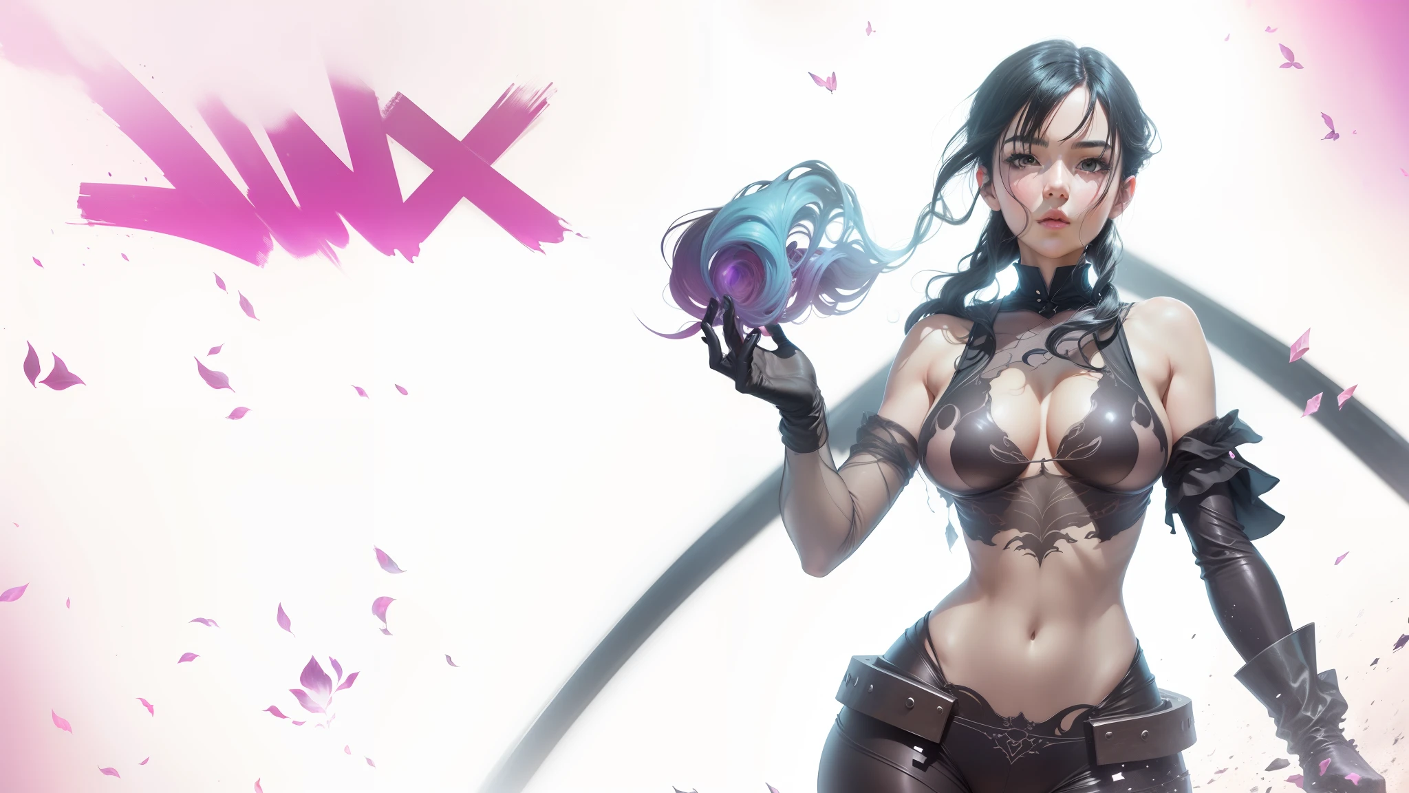 Black color hair, surrealism, Ghibli-like colors, Ghibli-like colors, anime big breast, Standing painting, angle of view, foreshortening, foreshortening, 8K, Super detail,Woman with full breasts,See-through installation,see-through transparent clothes