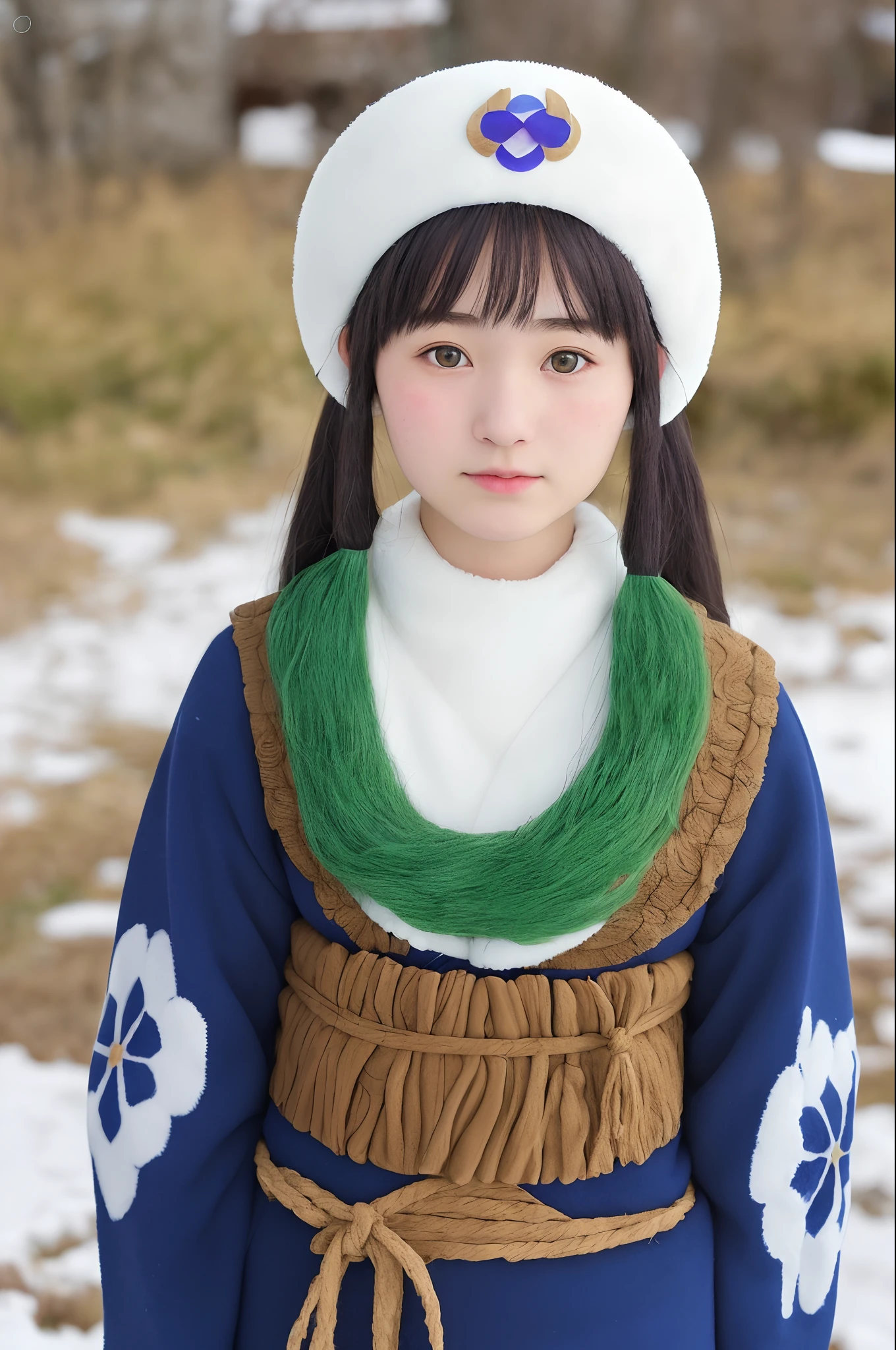 Cute Ainu 15-year-old woman in national costume, masutepiece, hyperdetails. Background of Hokkaido