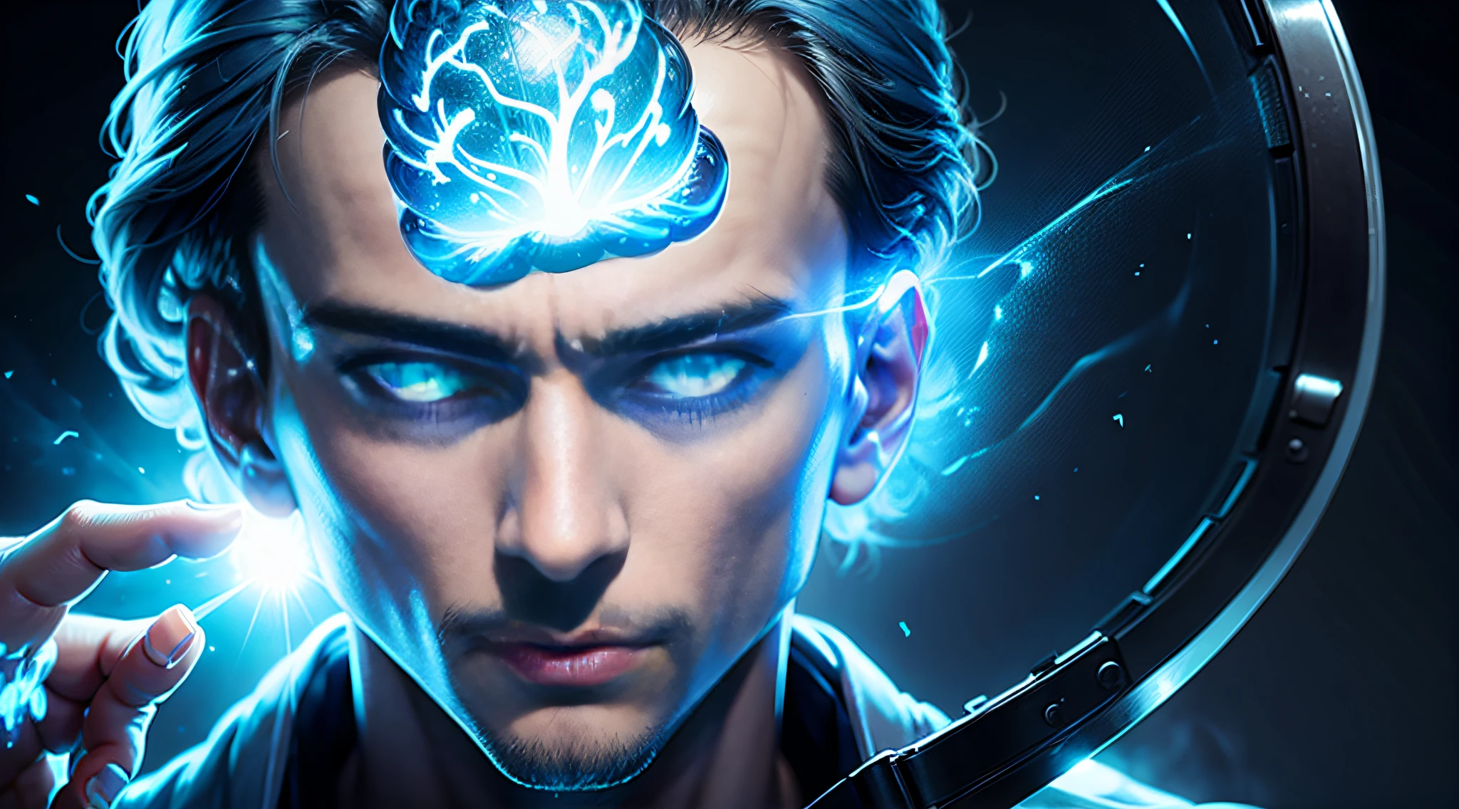 MAN WITH A SUPER STRONG TRANSPARENT HEAD AND SHOWING A GLOWING BLUE BRAIN SHOWING HIS FACE