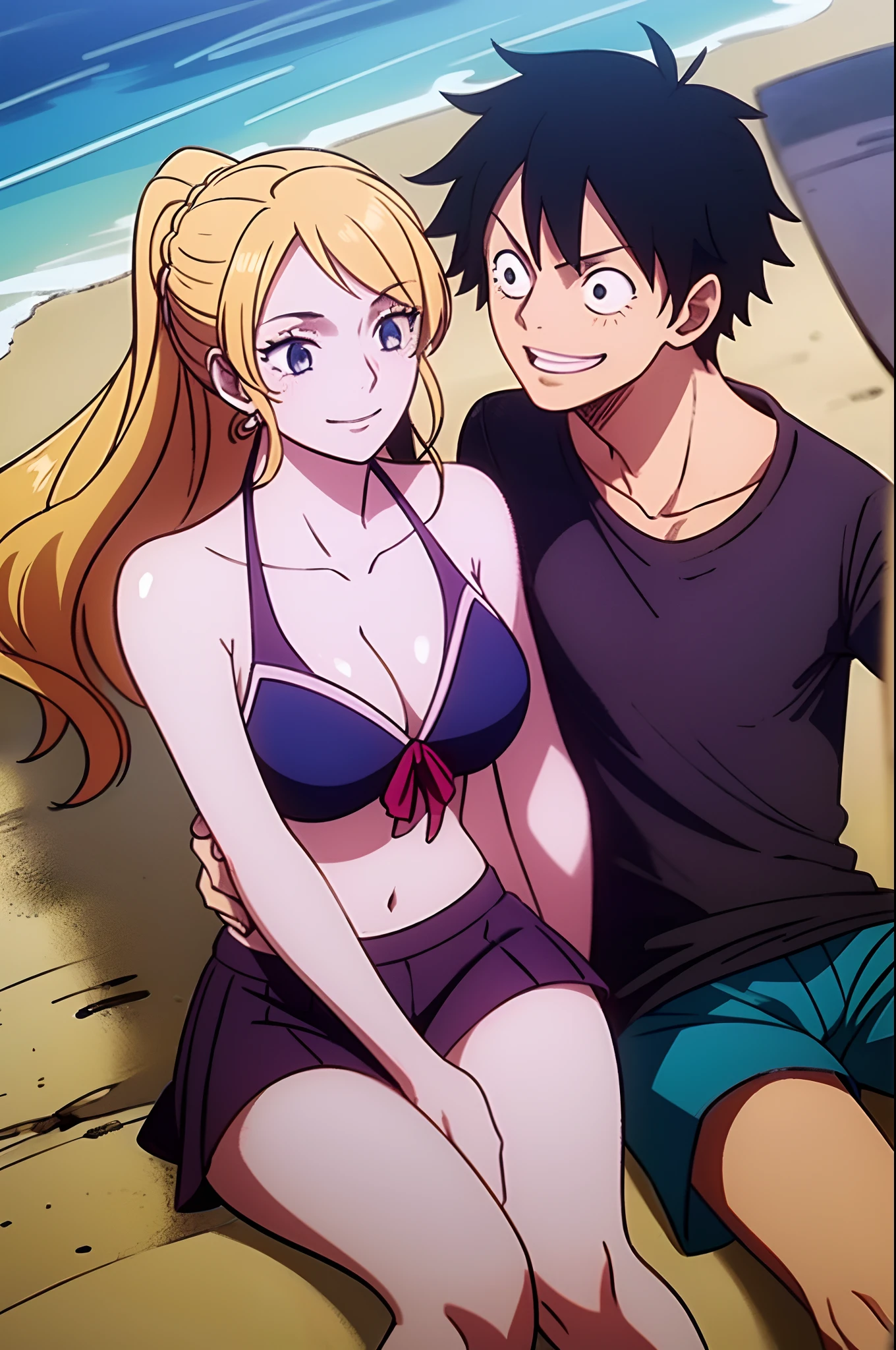 masterpiece, best quality, 1girl, alicetaria,blonde hair, long hair, ponytail, blue eyes, blue shirt, pleated skirt, solo, simple background, bikini, beach, alicetarian and luffy, husband and wife, couple happy in a beach, , purple hair,1boy, sitting in couple, affection, love,relationship, lovey dovey, happy, hug, smile, 2character, 1Boy, monkey d, luffy