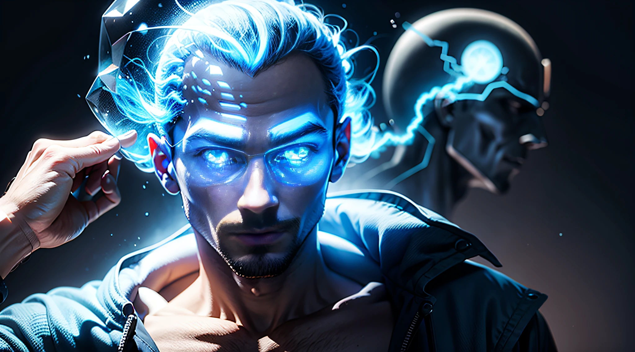 MAN WITH A SUPER STRONG TRANSPARENT HEAD AND SHOWING A GLOWING BLUE BRAIN SHOWING HIS FACE