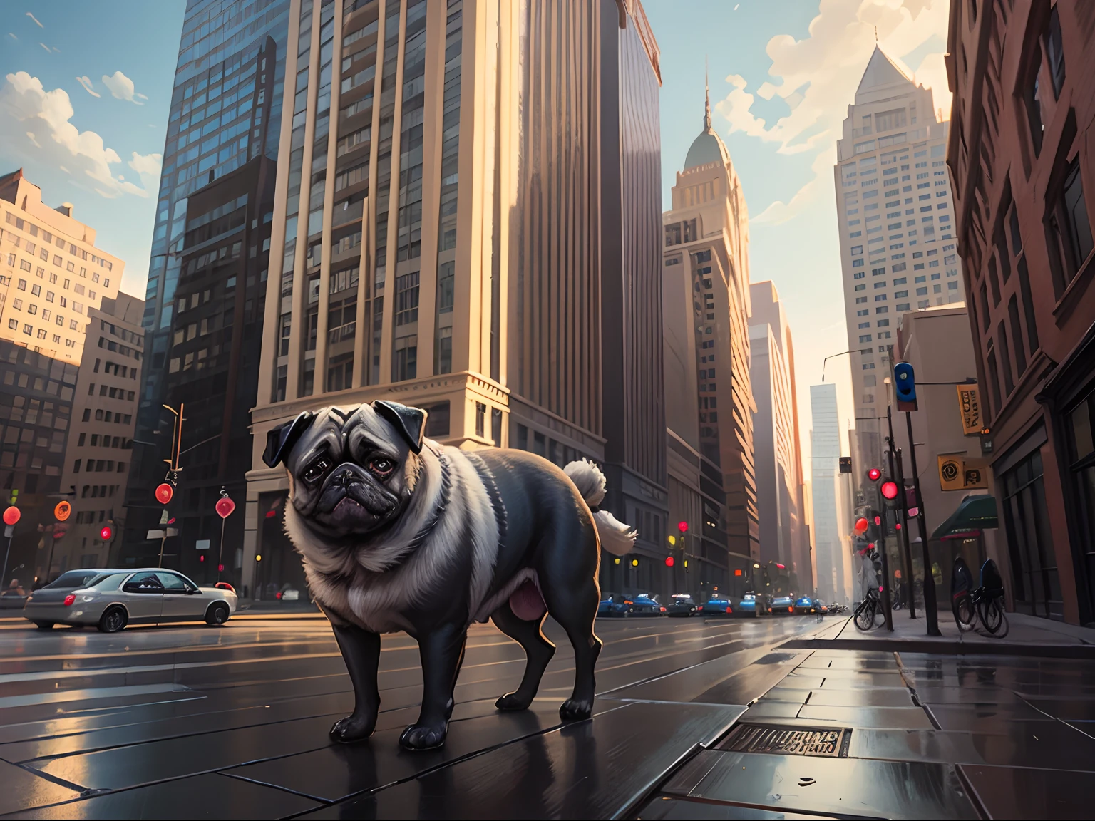 pug dog, cityscape Philadelphia Pa, fantasy, digital art