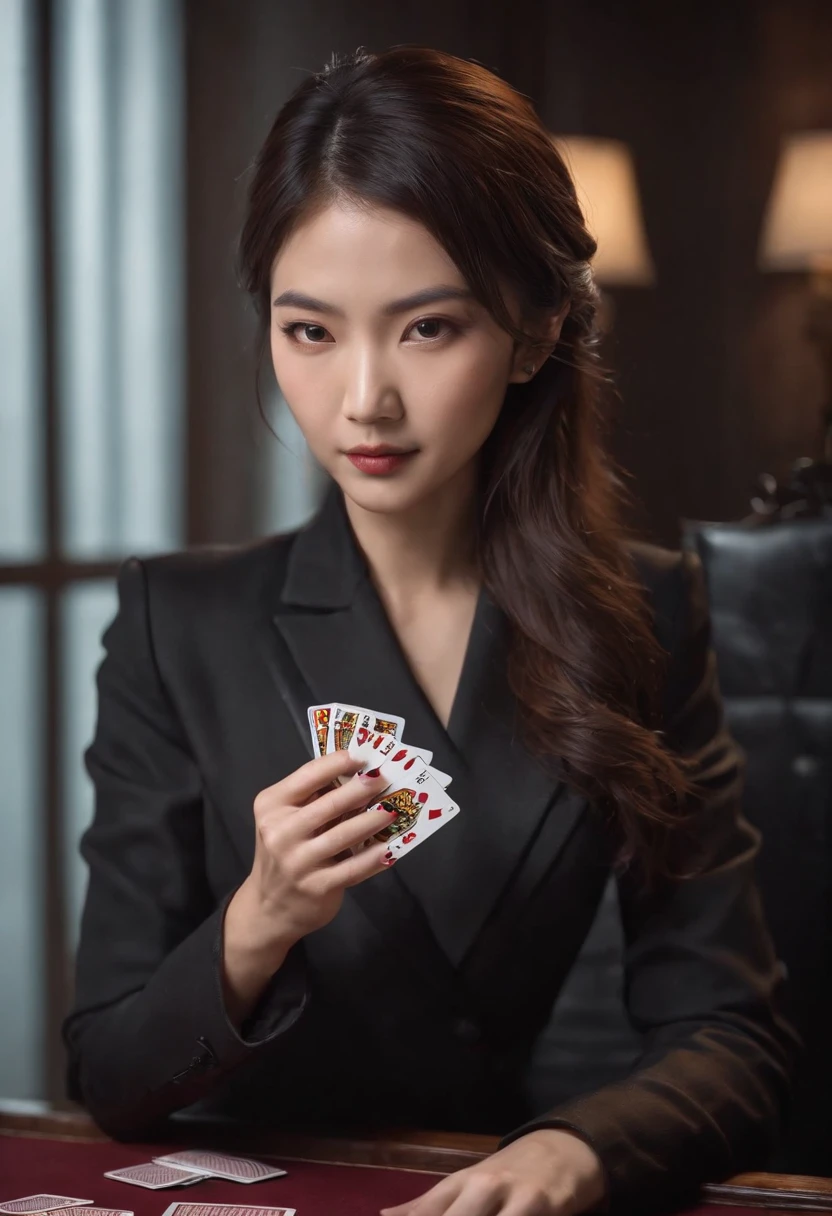 A young Japanese woman with a black suit up to a shirt and playing cards with black leather gloves on both hands