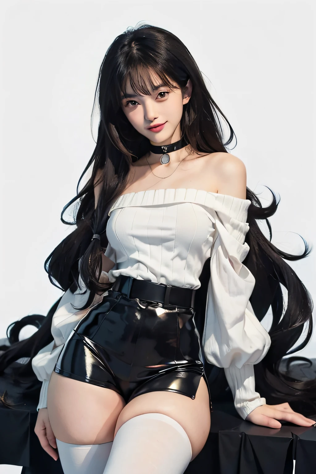 (masterpiece, best quality:1.2), absurdres, highres, extremely detailed, perfect face, 1boy, male focus, (adult male:1.2), black hair, long hair, messy hair, black eyes, pale skin, white off the shoulder sweater, black sport shorts, bulge, black thigh highs, collar, thick thighs, tall, smiling, femboy, otoko no ko, sfw