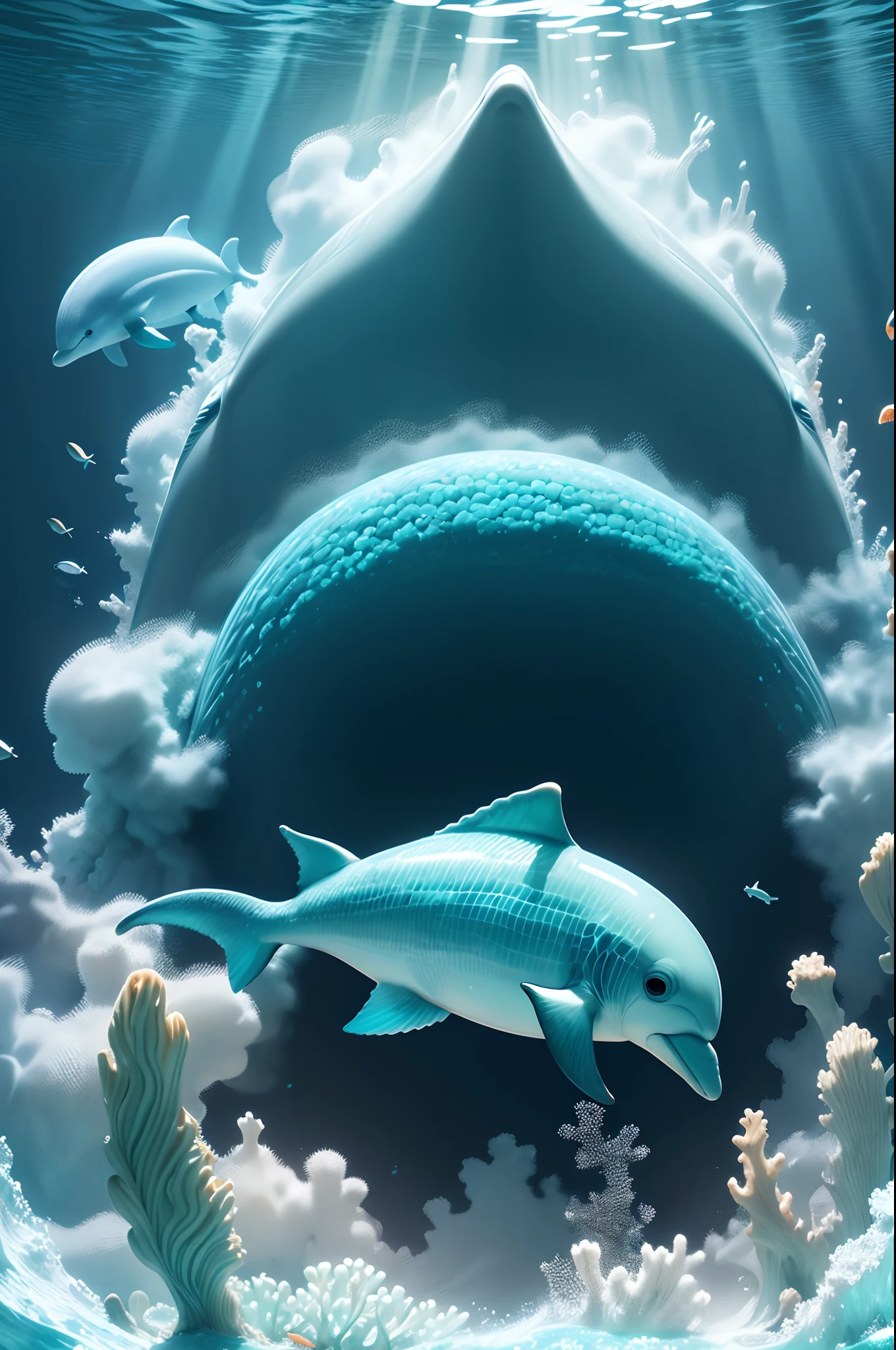 dolphins:Clear HD images of the underwater world,Cute dolphins,Filled with colorful fish,Intricate coral morphology and fascinating details of underwater ecosystems,ultra-realistic realism,color field printing,high detal,UHD,anatomy correct,Cinematic lighting 4D quality