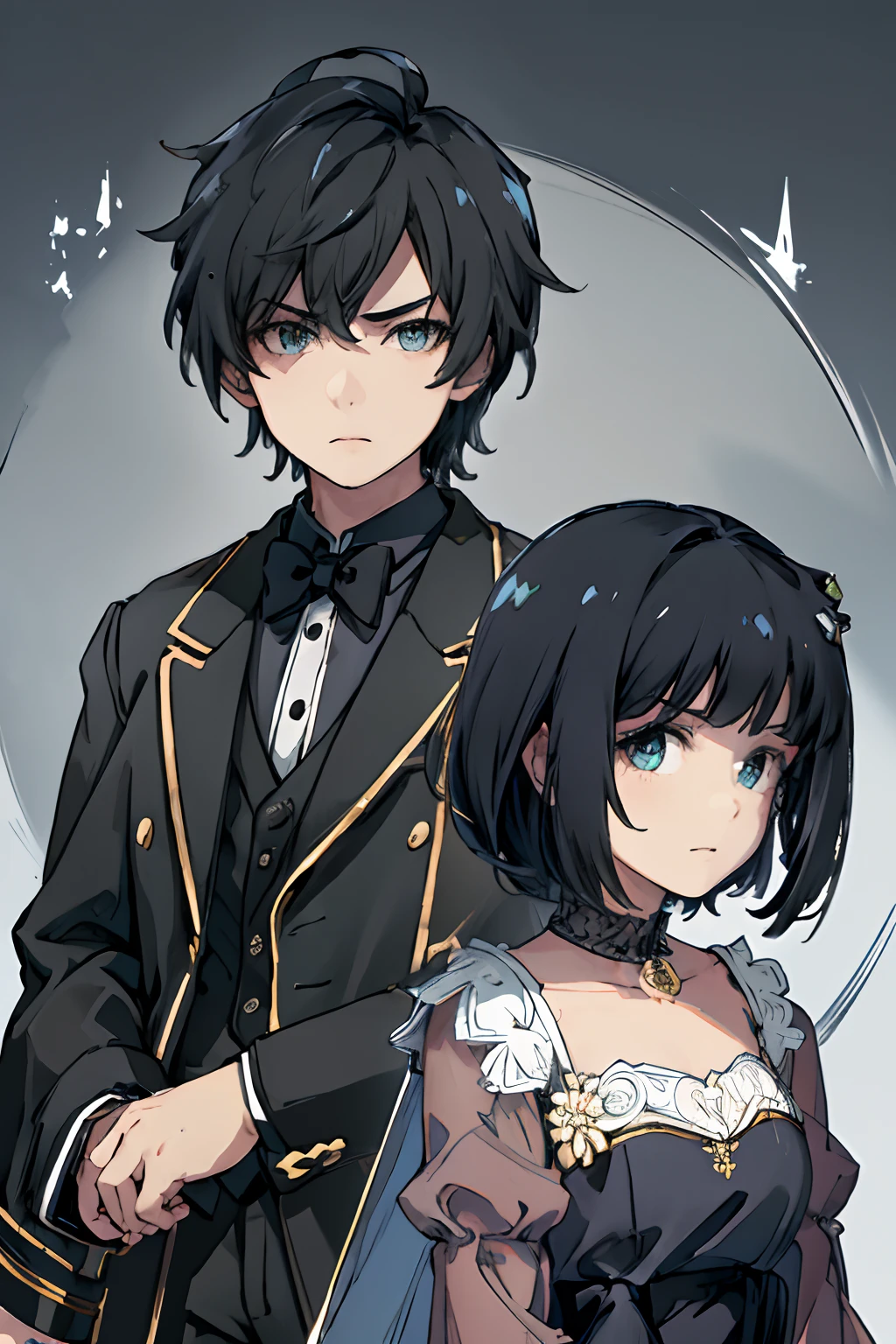 (masterpiece, top quality, best quality). (Highly Detailed). (Epic, powerful scene). (perfect faces). Two human identical twins (1 boy, 1 girl). The boy has short black hair and is wearing a tuxedo. The girl is wearing a long black dress. They are standing next to a large, magical black cube. The cube is crackling with power. Zoomed out. Dark, gloomy atmosphere.