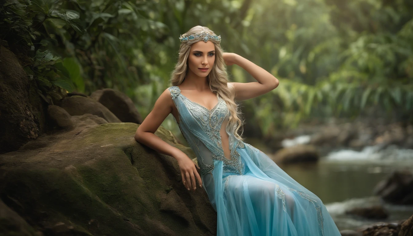Apenas 1 mulher arafed em um vestido azul claro com uma cachoeira no fundo, corpo inteiro, muito bonito Top model do Rio de Janeiro, Handsome elven character with smile, Elven Princess, beautiful elven princess, Elven Queen Galadriel, cosplay realista, Empress with elven black hair, Rio de Janeiro, costume photo shoot, elfo feminino bonito e elegante