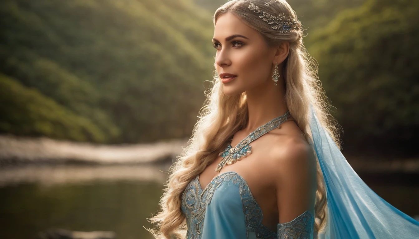 Apenas 1 mulher arafed em um vestido azul claro com uma cachoeira no fundo, corpo inteiro, muito bonito Top model do Rio de Janeiro, Handsome elven character with smile, Elven Princess, beautiful elven princess, Elven Queen Galadriel, cosplay realista, Empress with elven black hair, Rio de Janeiro, costume photo shoot, elfo feminino bonito e elegante