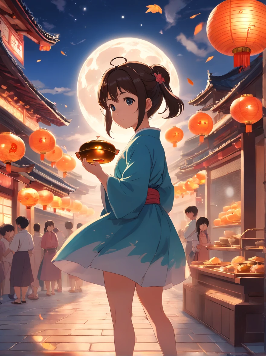 Mid-Autumn Festival,  s，Mooncake in hand，Wear ancient costumes, Rabbit playing around girl, Auspicious clouds, Behind the huge moon, Warm colors, Abstract imagery, ultra-realistic realism, Pixar style, 3d effect, Disney style, Clear edge light, rim-light, fantasy, spotlight, 8K