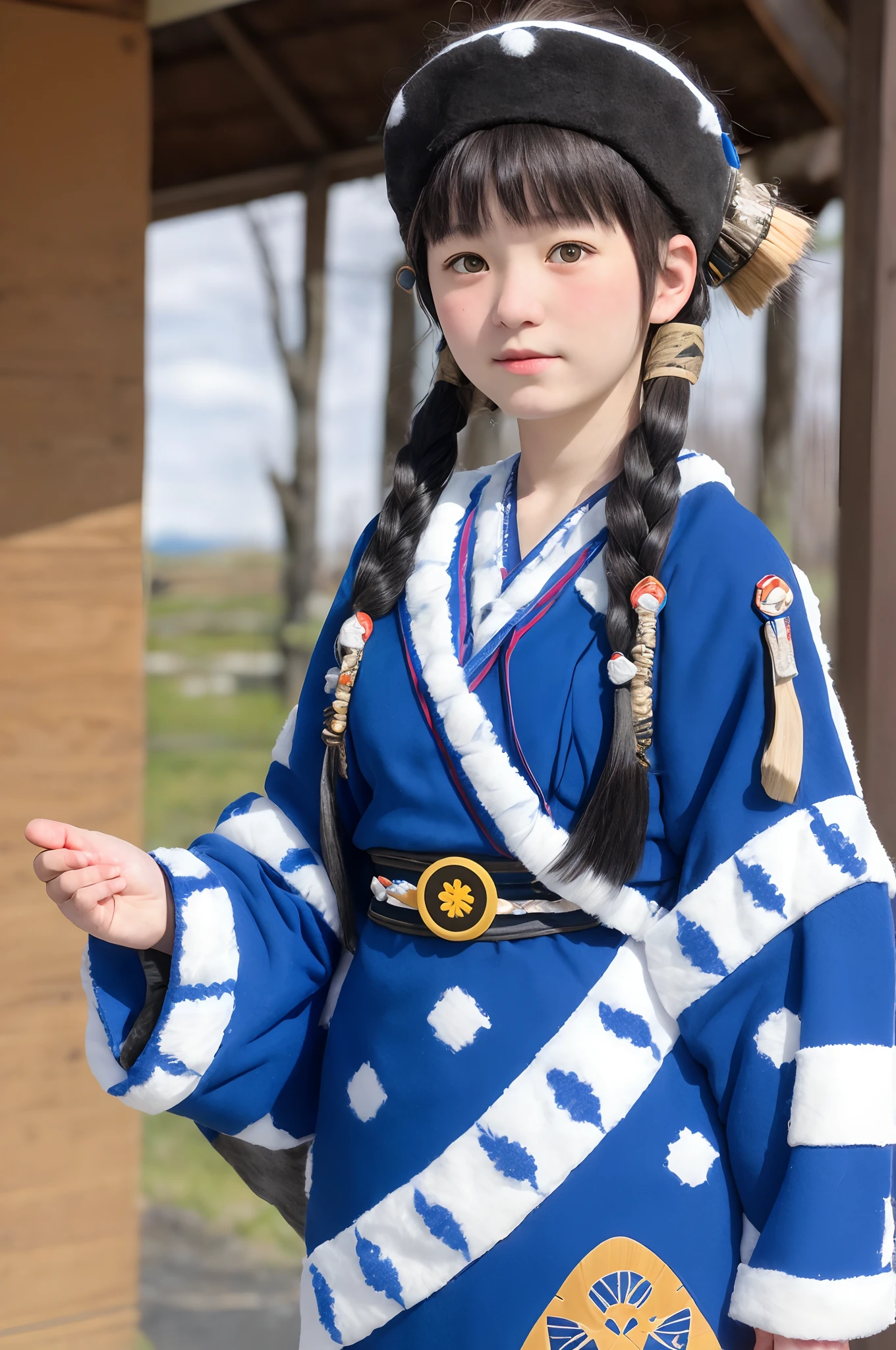 Cute Ainu 15-year-old woman in national costume, masutepiece, hyperdetails. Background of Hokkaido