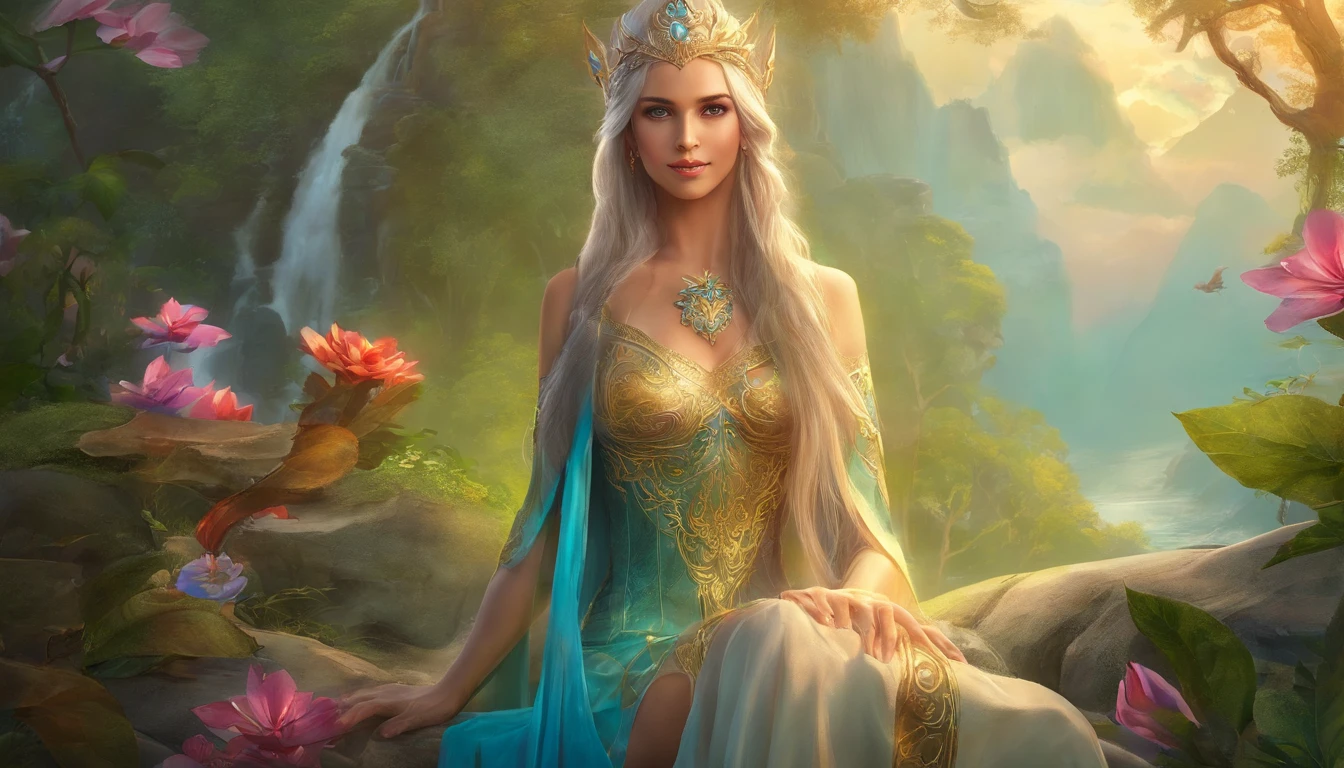 Apenas 1 mulher arafed em um vestido azul claro com uma cachoeira no fundo, corpo inteiro, muito bonito Top model do Rio de Janeiro, Handsome elven character with smile, Elven Princess, beautiful elven princess, Elven Queen Galadriel, cosplay realista, Empress with elven black hair, Rio de Janeiro, costume photo shoot, elfo feminino bonito e elegante