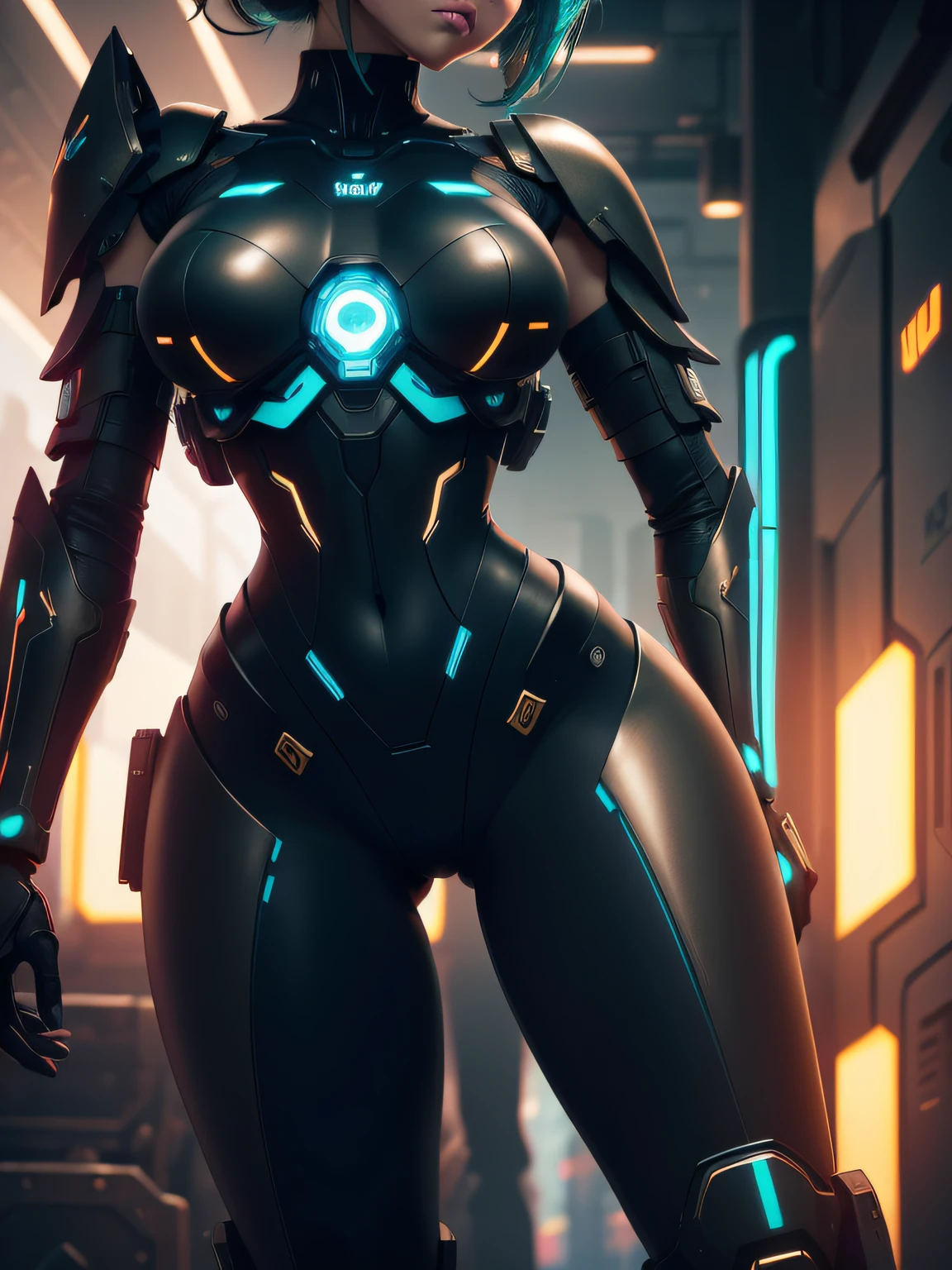 cgmech, beautiful eyes, upper body, underboob, portrait, robot, armor, Hatsune Miku, neon light, 8K, RAW, best quality, masterpiece, ultra high res, colorful, (medium wide shot), (dynamic perspective), sharp focus , (depth of field, bokeh:1.3), extremely detailed eyes and face, beautiful detailed eyes,large breasts,(black gold, trimmed gear:1.2),(In a futuristic weapons factory:1.2), ((masterpiece, best quality)), Detailed background, spaceship interior