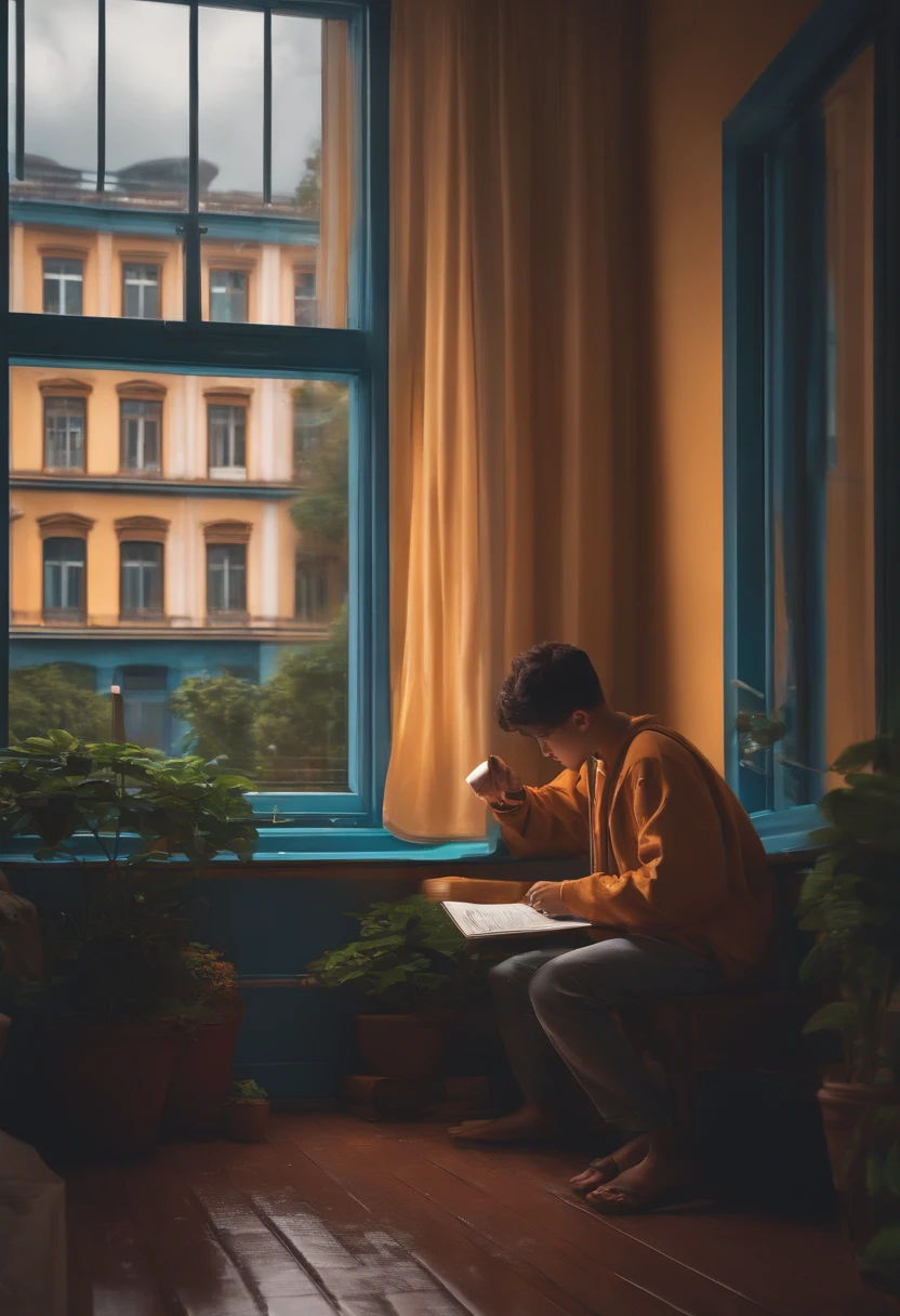 Make a lofi art with a boy studying in front of a window of a building, com vista para cidade em um dia de chuva
