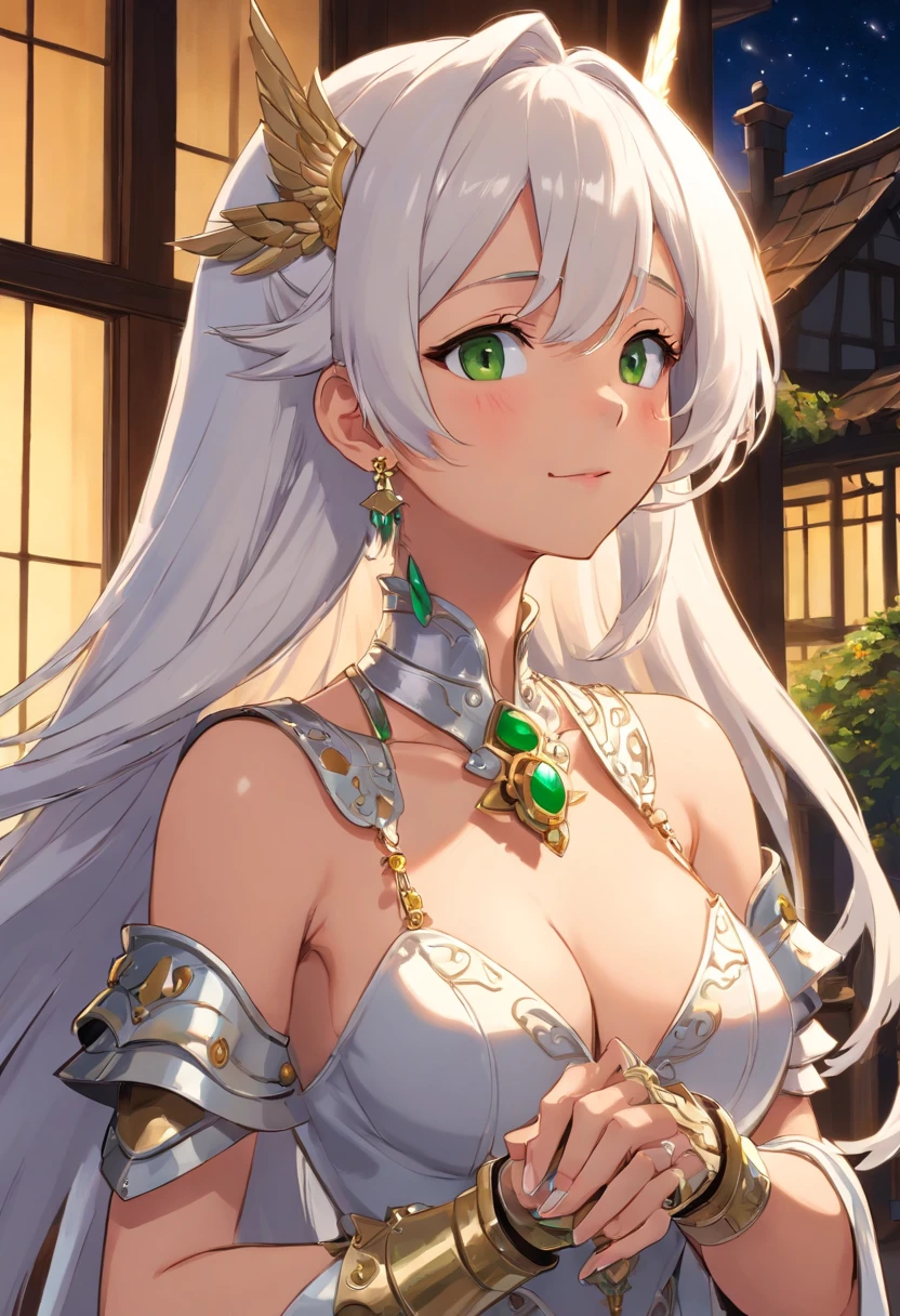 (highres, high quality:1.1), intricate details, cinematic lighting, digital art,(ojou-sama pose, laughing:1.1), (hand on own chin:1.1), hands on hip, grin, half-closed eyes, Nailkaiser, dark-skinned female, dark skin, 1girl, mansion, window, night sky, complex background, cowboy shot,looking at viewer, white hair, long hair, head wings, (white lipstick:1.1), detailed face, green eyes, jewelry, earrings,functonally nude, topless, cropped jacket, naked armor, bridal gauntlets, shoulder spikes, large breasts,