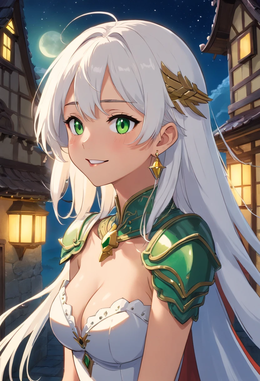 (highres, high quality:1.1), intricate details, cinematic lighting, digital art,(ojou-sama pose, laughing:1.1), (hand on own chin:1.1), hands on hip, grin, half-closed eyes, Nailkaiser, dark-skinned female, dark skin, 1girl, mansion, window, night sky, complex background, cowboy shot,looking at viewer, white hair, long hair, head wings, (white lipstick:1.1), detailed face, green eyes, jewelry, earrings,functonally nude, topless, cropped jacket, naked armor, bridal gauntlets, shoulder spikes, large breasts,