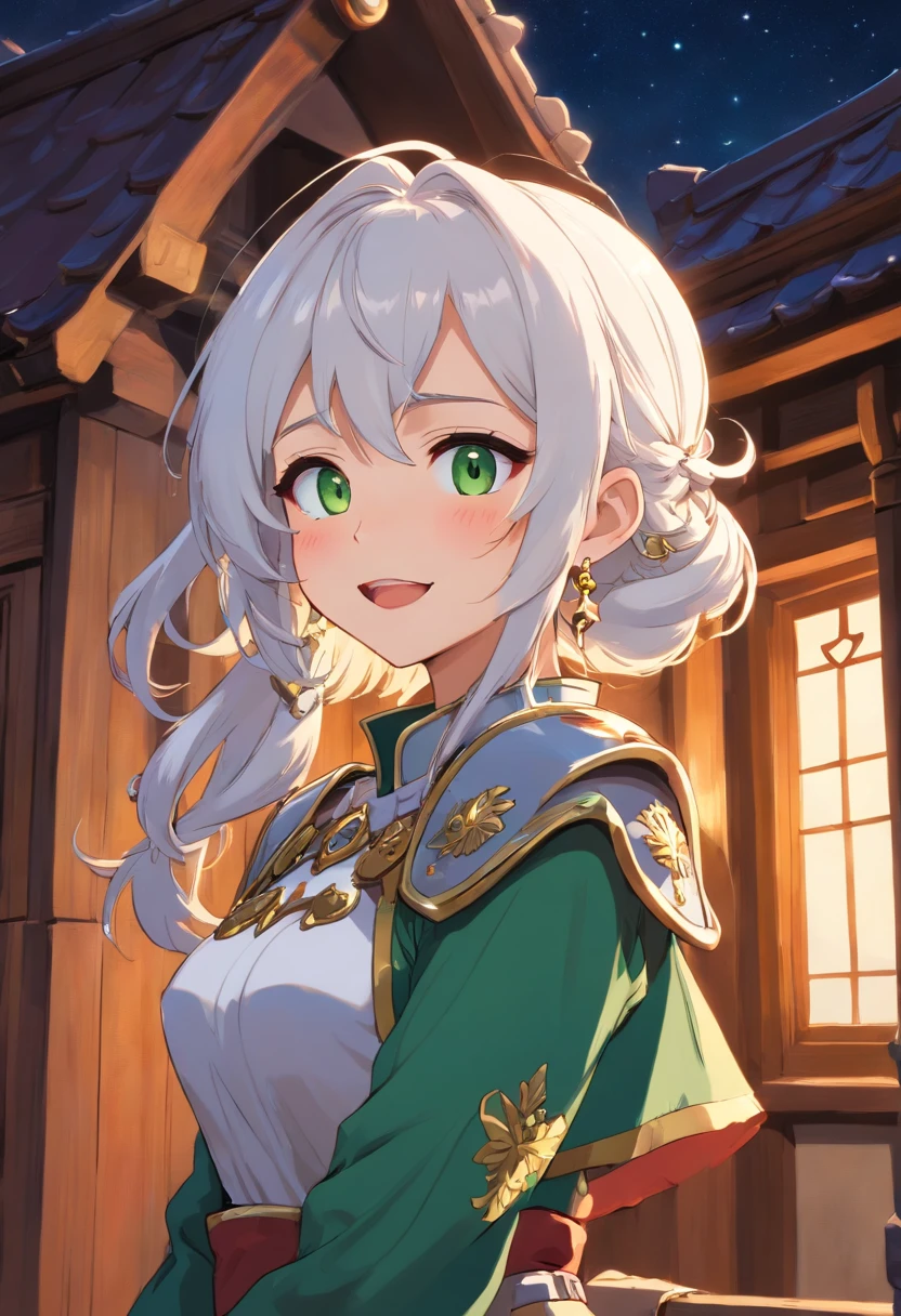 (highres, high quality:1.1), intricate details, cinematic lighting, digital art,(ojou-sama pose, laughing:1.1), (hand on own chin:1.1), hands on hip, grin, half-closed eyes, Nailkaiser, dark-skinned female, dark skin, 1girl, mansion, window, night sky, complex background, cowboy shot,looking at viewer, white hair, long hair, head wings, (white lipstick:1.1), detailed face, green eyes, jewelry, earrings,functonally nude, topless, cropped jacket, naked armor, bridal gauntlets, shoulder spikes, large breasts,