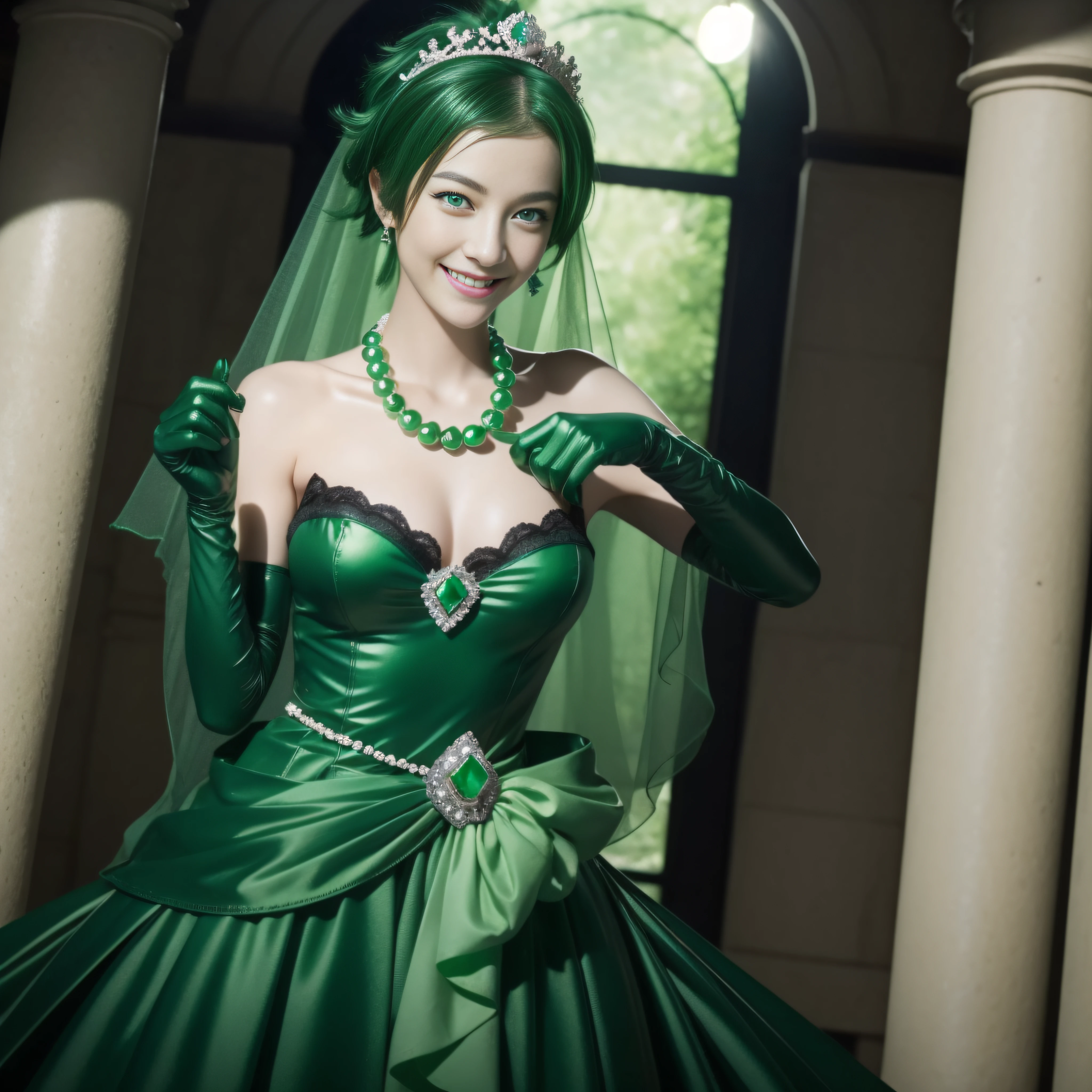 emerald tiara, Green Pearl Necklace, Boyish very short black hair, lipsticks, Japan woman smiling, very short short hair, big breasts beautiful, Green eyes, Long green gloves made of satin material, Green eyes, Emerald earrings