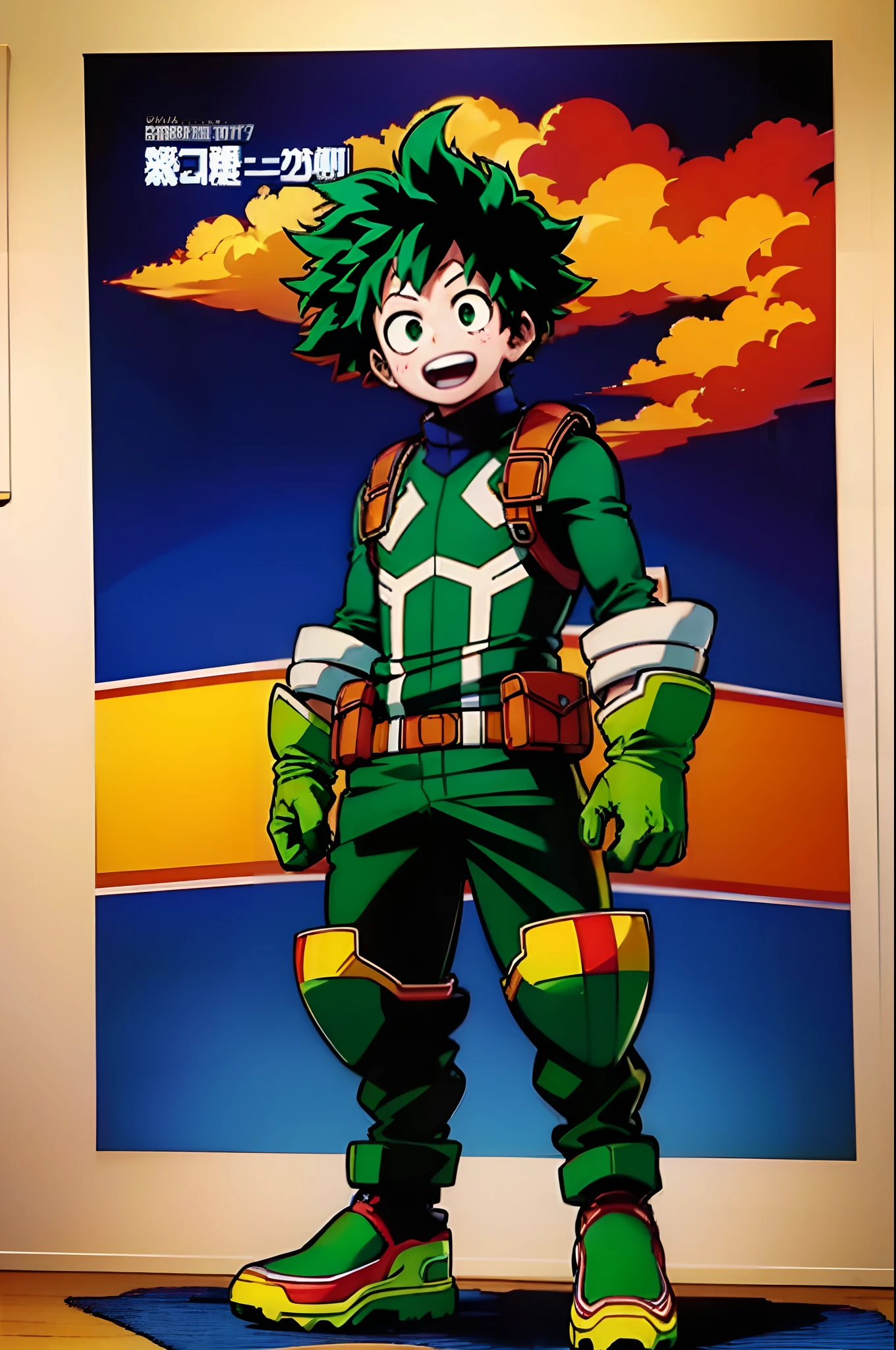 (masterpiece, best quality:1.2), cowboy shot, solo, male focus, 1boy, midoriya izuku, \:d, looking at viewer, teeth, short green hair, green eyes, green bodysuit, white gloves, standing,  full body