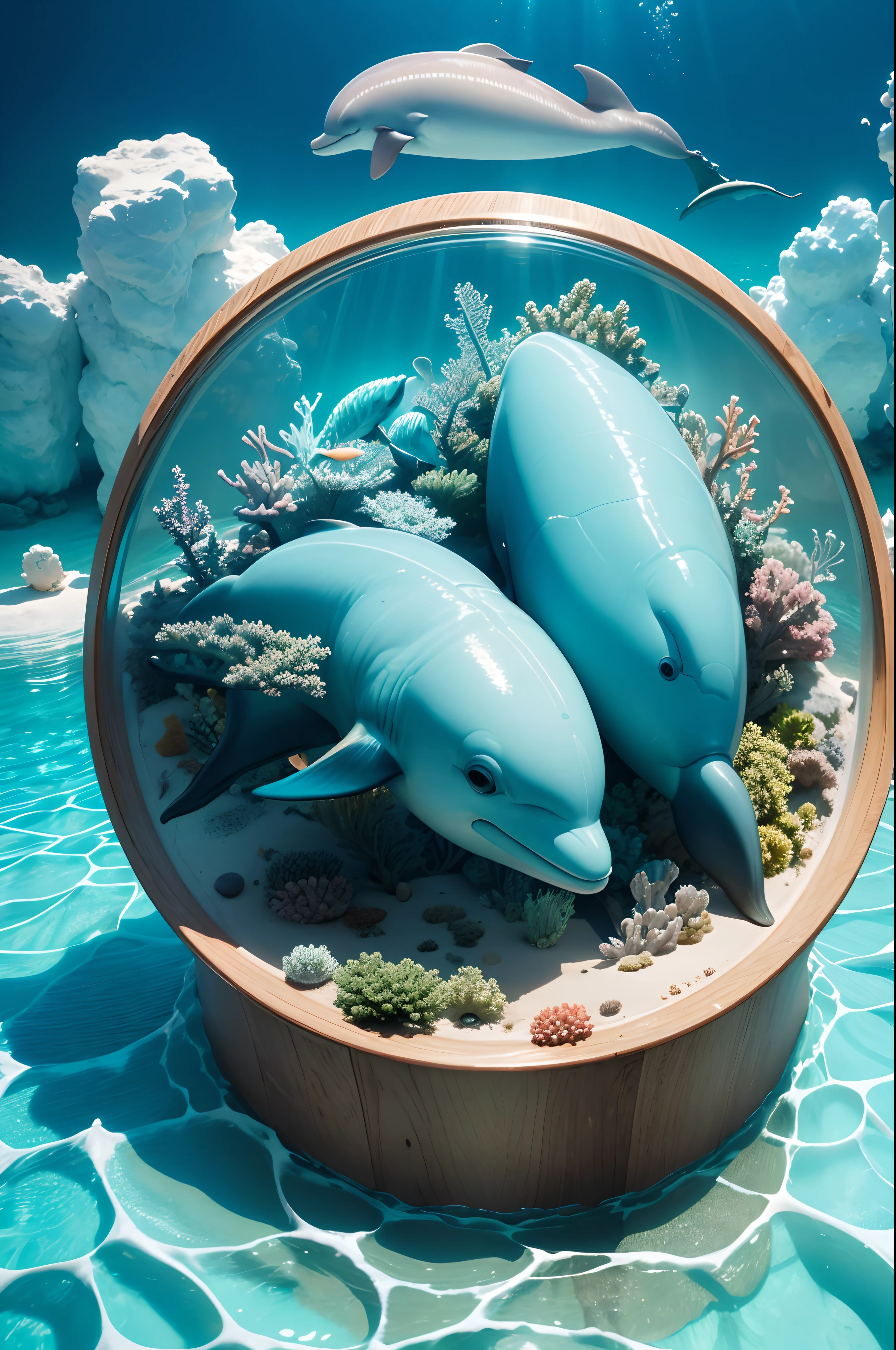 dolphins:Clear HD images of the underwater world,Cute dolphins,Filled with colorful fish,Intricate coral morphology and fascinating details of underwater ecosystems,ultra-realistic realism,color field printing,high detal,UHD,anatomy correct,Cinematic lighting 4D quality