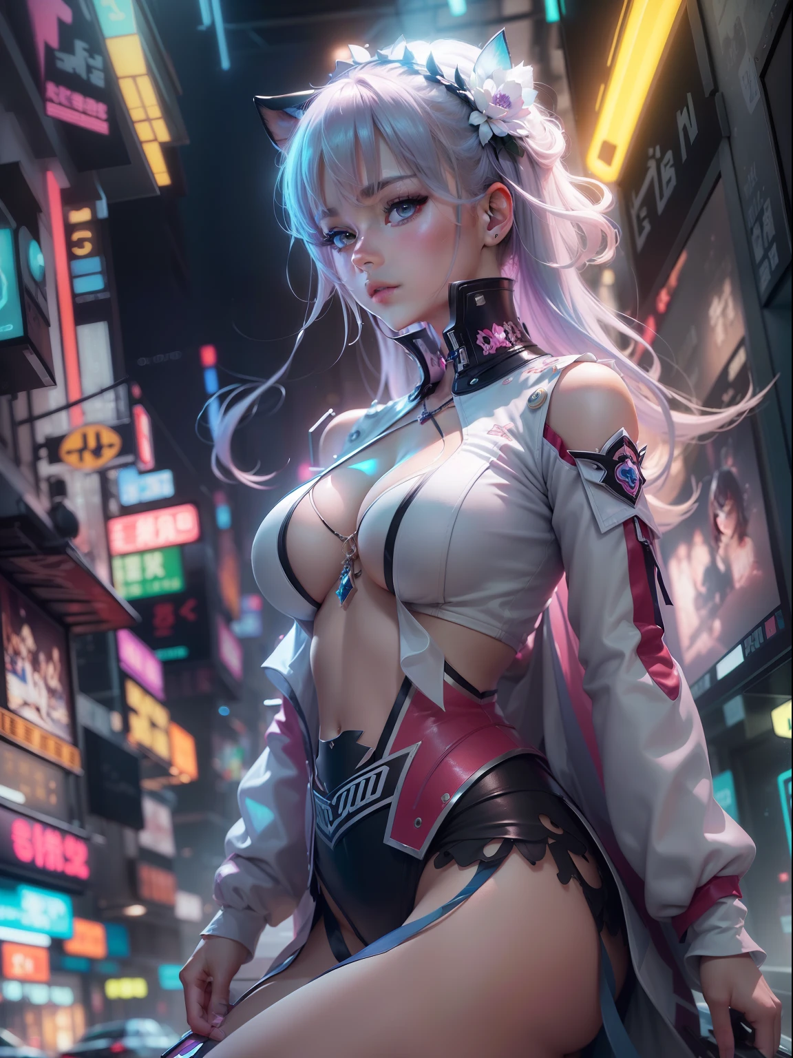 (((tmasterpiece)))、(((top-quality)))、((ultra-definition))、(High Definition CG Illustration)、((Extremely Delicately Beautiful))、The future city、Cinematic light、独奏、full body Esbian、Beautiful neon lights、2080s、anime big breast、Beautiful girl、Two-tailed girl、trending on artstationh、Rachel Walker、