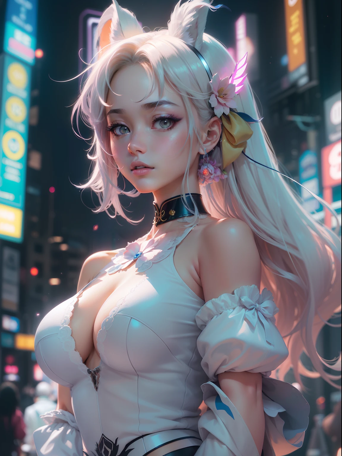 (((tmasterpiece)))、(((top-quality)))、((ultra-definition))、(High Definition CG Illustration)、((Extremely Delicately Beautiful))、The future city、Cinematic light、独奏、full body Esbian、Beautiful neon lights、2080s、anime big breast、Beautiful girl、Two-tailed girl、trending on artstationh、Rachel Walker、