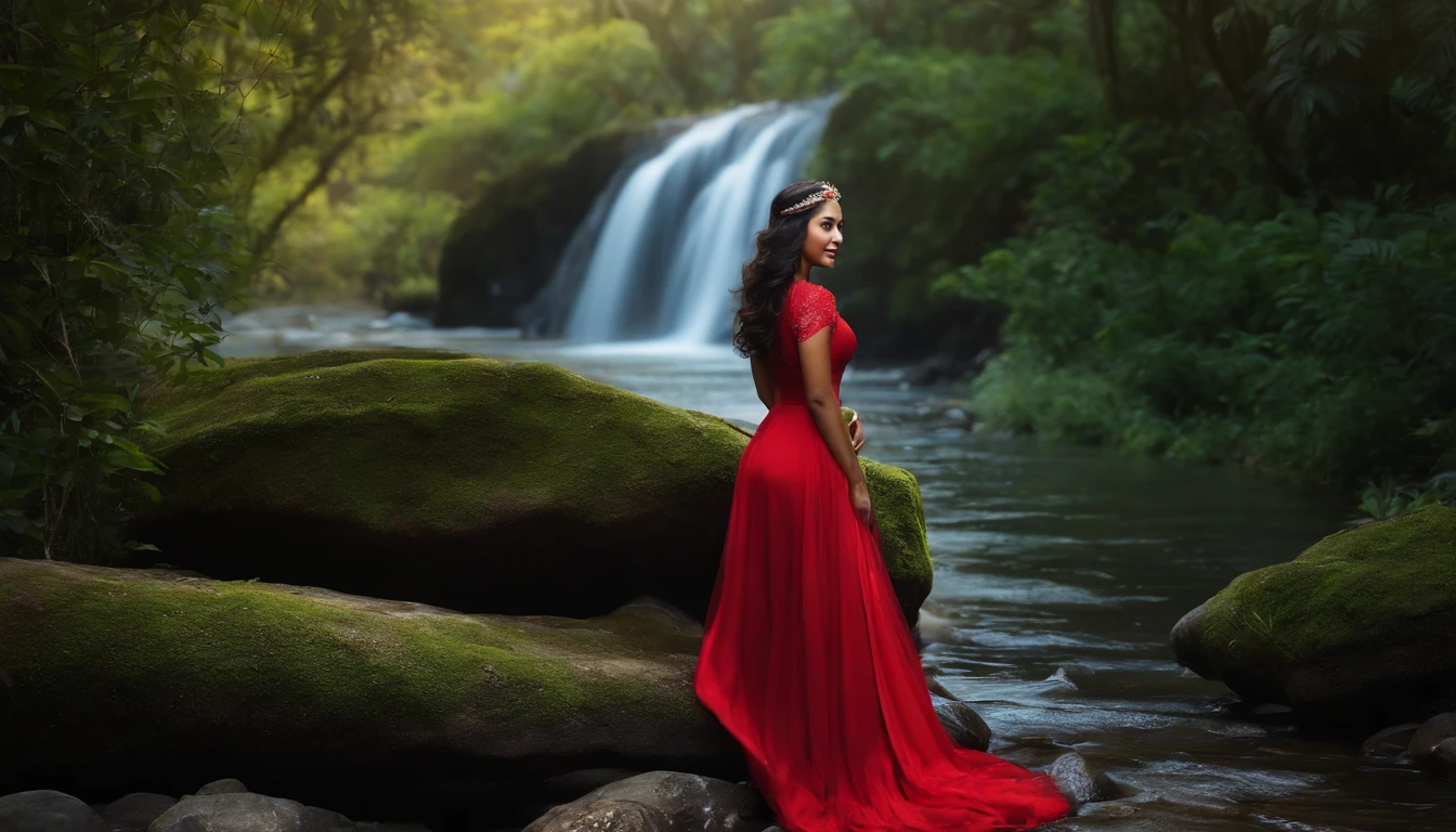 (fotorrealista:1.1) A young Indonesian woman looking back over her shoulder and smiling as she walked beside a stream in a dense forest, cabelos longos e elegantes, vestindo um vestido de noite vermelho e botas de caminhada, usando mochila preta, lush vegetation, Beautiful woman, stunning scenery, vestido de noite de cetim vermelho (intrinsecamente detalhado, embelezado com strass), joias rubi cintilantes (tiara, Brincos, colar, pulseira)