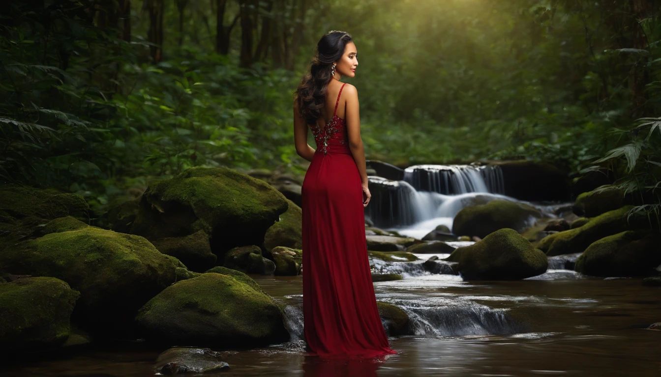 arafed princess in a red satin ballgown and high heels sitting in a stream, girl wears a red dress, wearing a flowing dress, beautiful maiden, flowing dress, flowing gown, beautiful fantasy maiden, fantasy photoshoot, sparkling in the flowing creek, wearing a red dress, dressed in a beautiful, fantasy dress, fantasy beautiful, wearing a magnificent dress, ruby necklace tiara and earrings, wet hair (((drenched))) (((soaked))) (((disheveled))) (((clinging)))