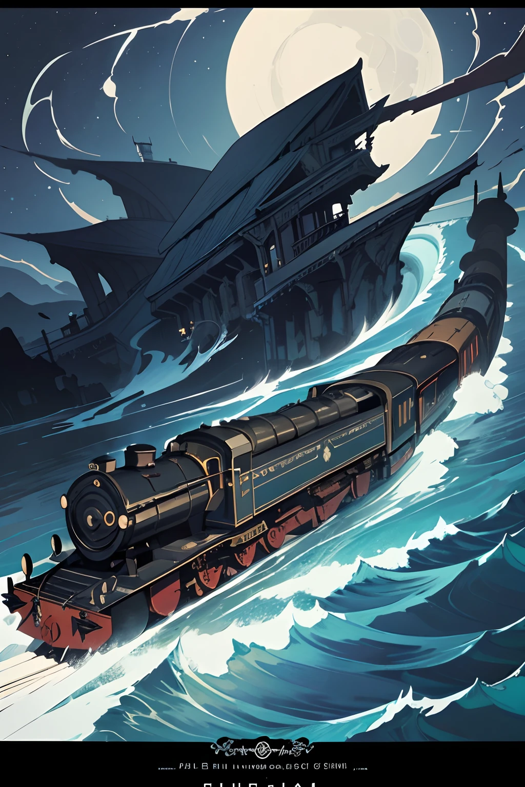 beautiful and asethetic, masterpiece, movie poster, best quality, drawing of a side view of a gothic scary steam train travelling over water with waves with a dark sky in the background at night, muted colors, by james jean style, fantastical elements