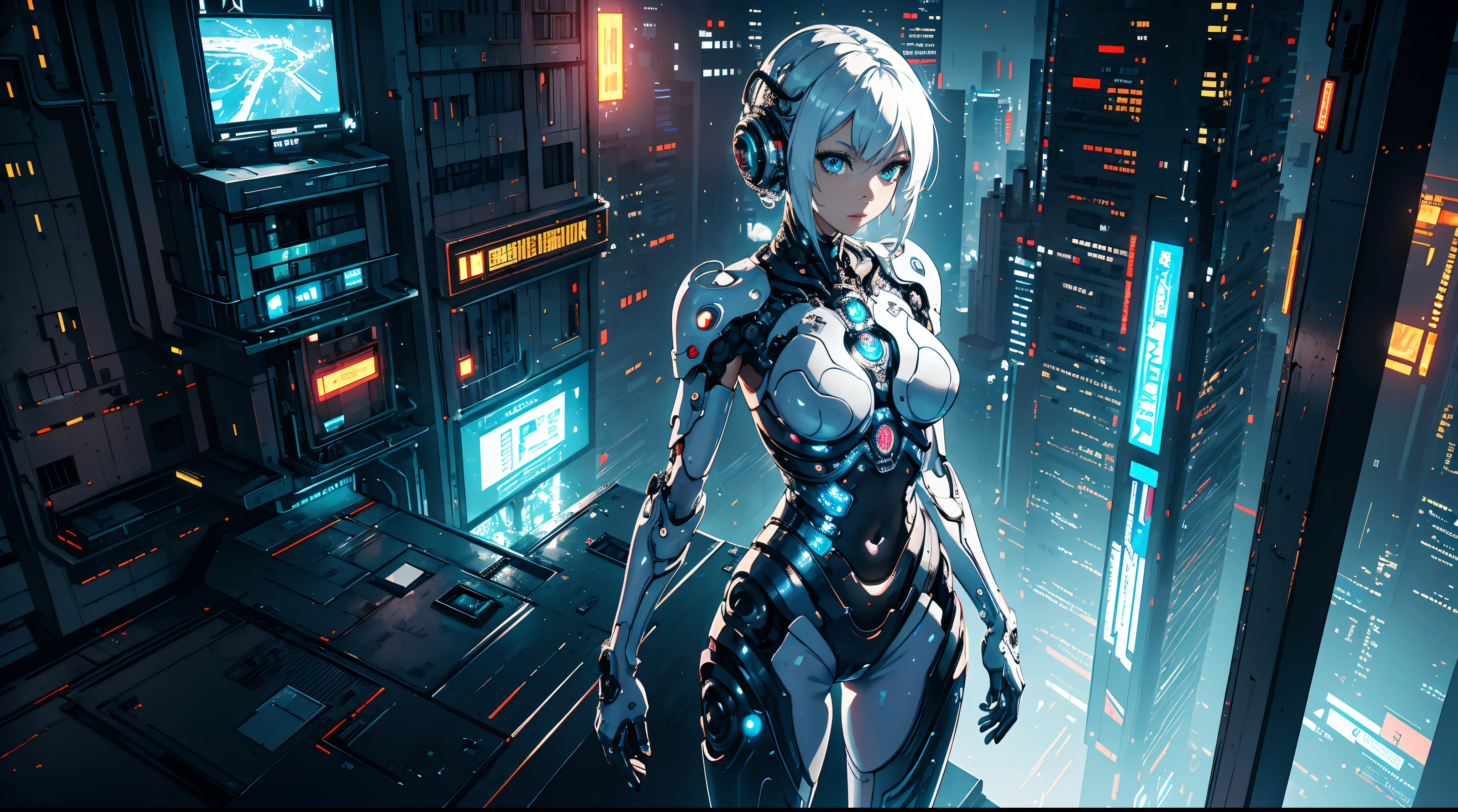 masterpiece,extremely detailed,8k wallpaper, HD, photography awards,absurdres,8k resolution,a organic cyborg female, organic white, intricate details, sci-fi, cybernetics eyes, organic pattern, slender, beautiful eyes and face, standing in front of a cyberpunk city , full body, aerial view