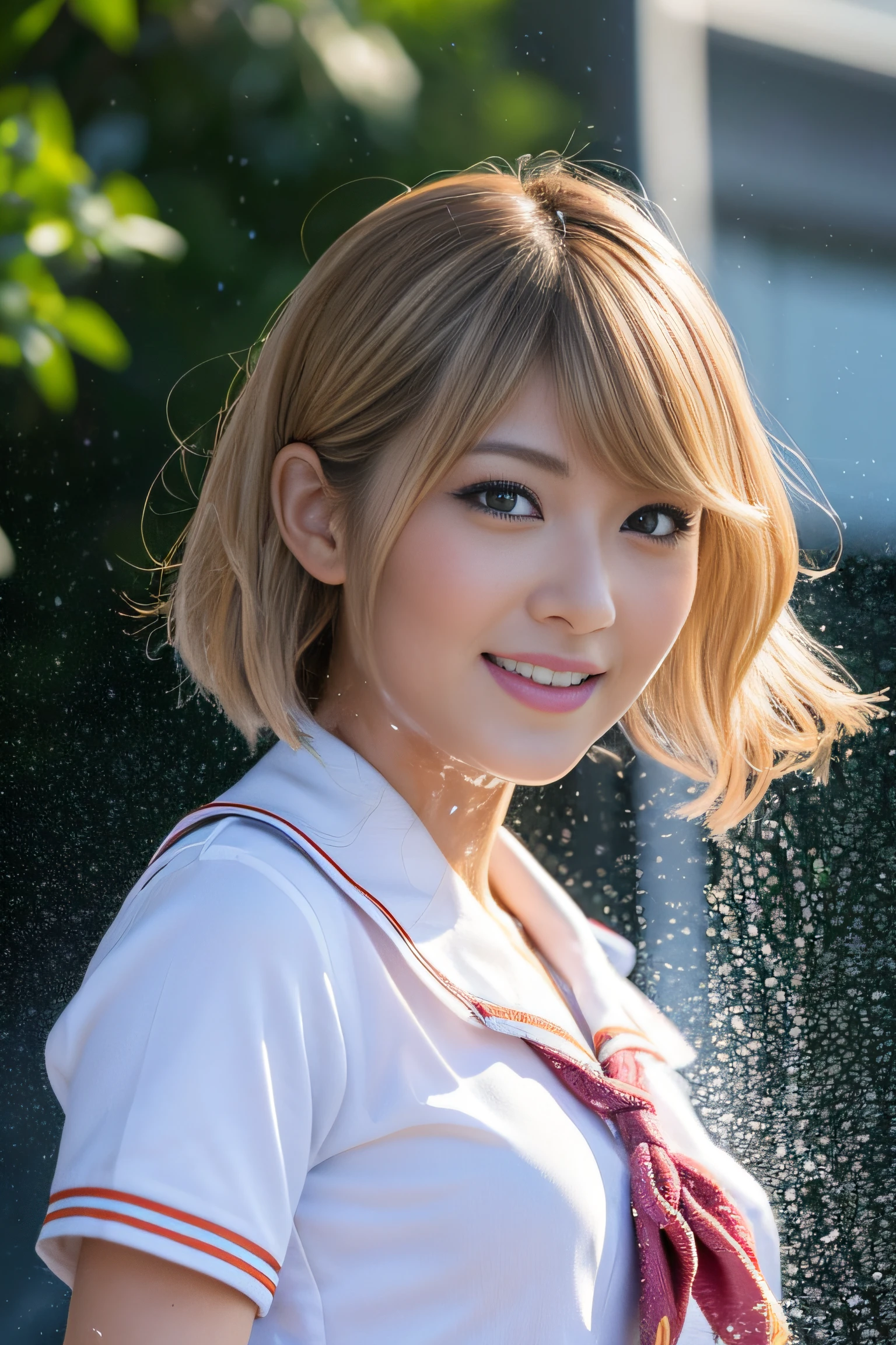 (masterpiece:1.2), ultra detailed, (realistic, photo realistic:1.37), high detail RAW color photo, professional photograph, extremely detailed, finely detail, extremely detailed face, extremely detailed eyes, extremely detailed skin, perfect anatomy, (Japanese famous actress:1.35), shortcut hair, (gyaru:1.45), (flat chest:1.2), Dynamic lighting, (splashing:1.4), (wet hair), (wet skin), (full body:1.35), (water drops), (school uniform:1.5), beach, sunbeam, lens flare