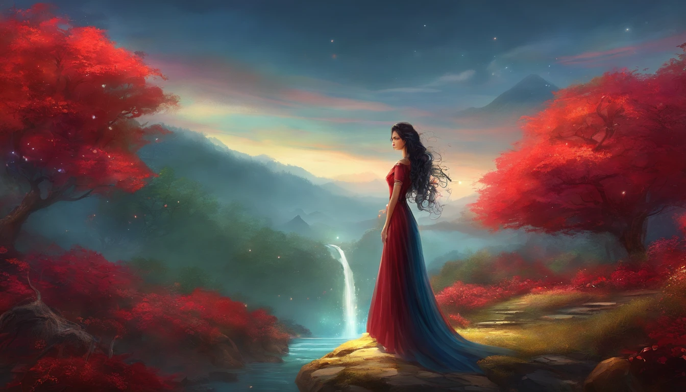 (fotorrealista:1.1) A young Indonesian woman looking back over her shoulder and smiling as she walked beside a stream in a dense forest, cabelos longos e elegantes, vestindo um vestido de noite vermelho e botas de caminhada, usando mochila preta, lush vegetation, Beautiful woman, stunning scenery, vestido de noite de cetim vermelho (intrinsecamente detalhado, embelezado com strass), joias rubi cintilantes (tiara, Brincos, colar, pulseira)