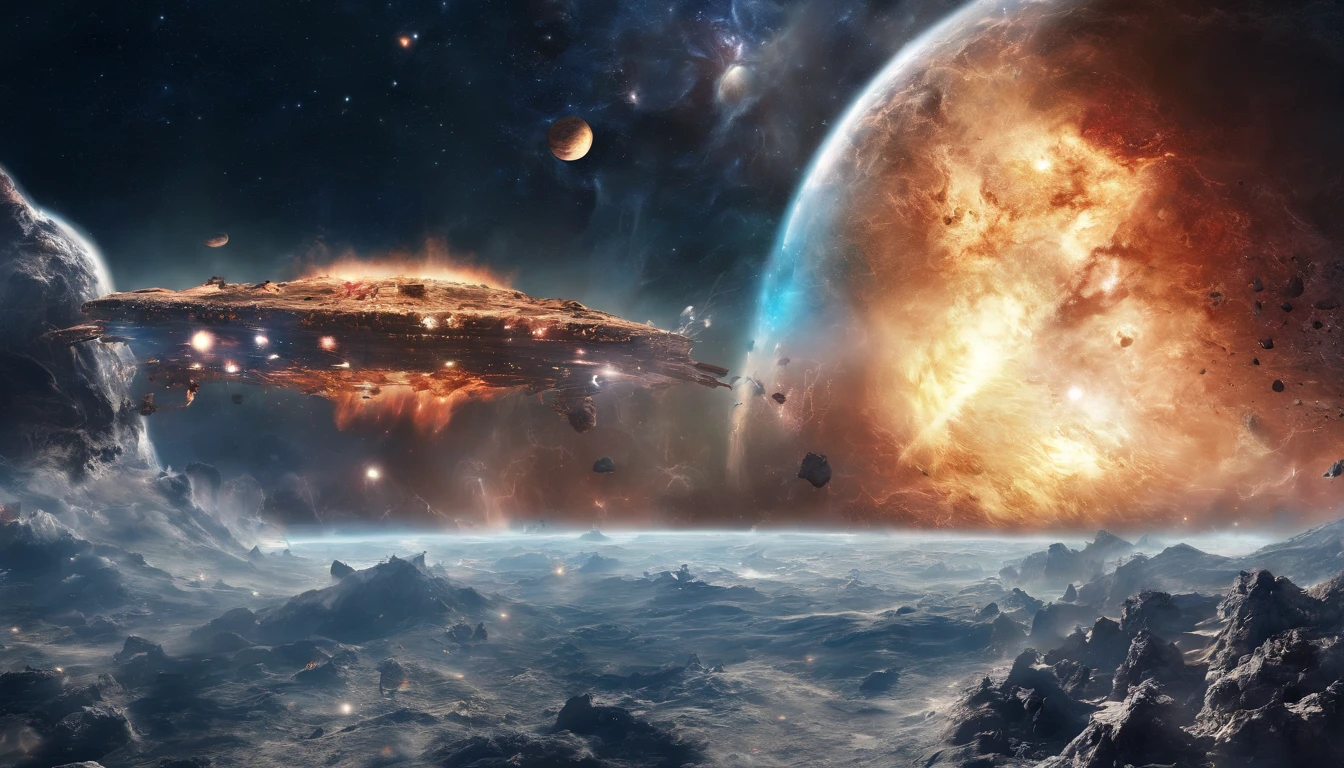 A huge spaceship,Conical type,Spiral outer wall structure,Detailed hull details,Full of art,Cosmic galaxy background,Doomsday scenario,Crumbling earth,a volcano erupts,energy blast,The fleeing spaceship,((Best quality)), ((Masterpiece)), (dramatic scene), (Epic composition:1.2), (CG animation:1.1)