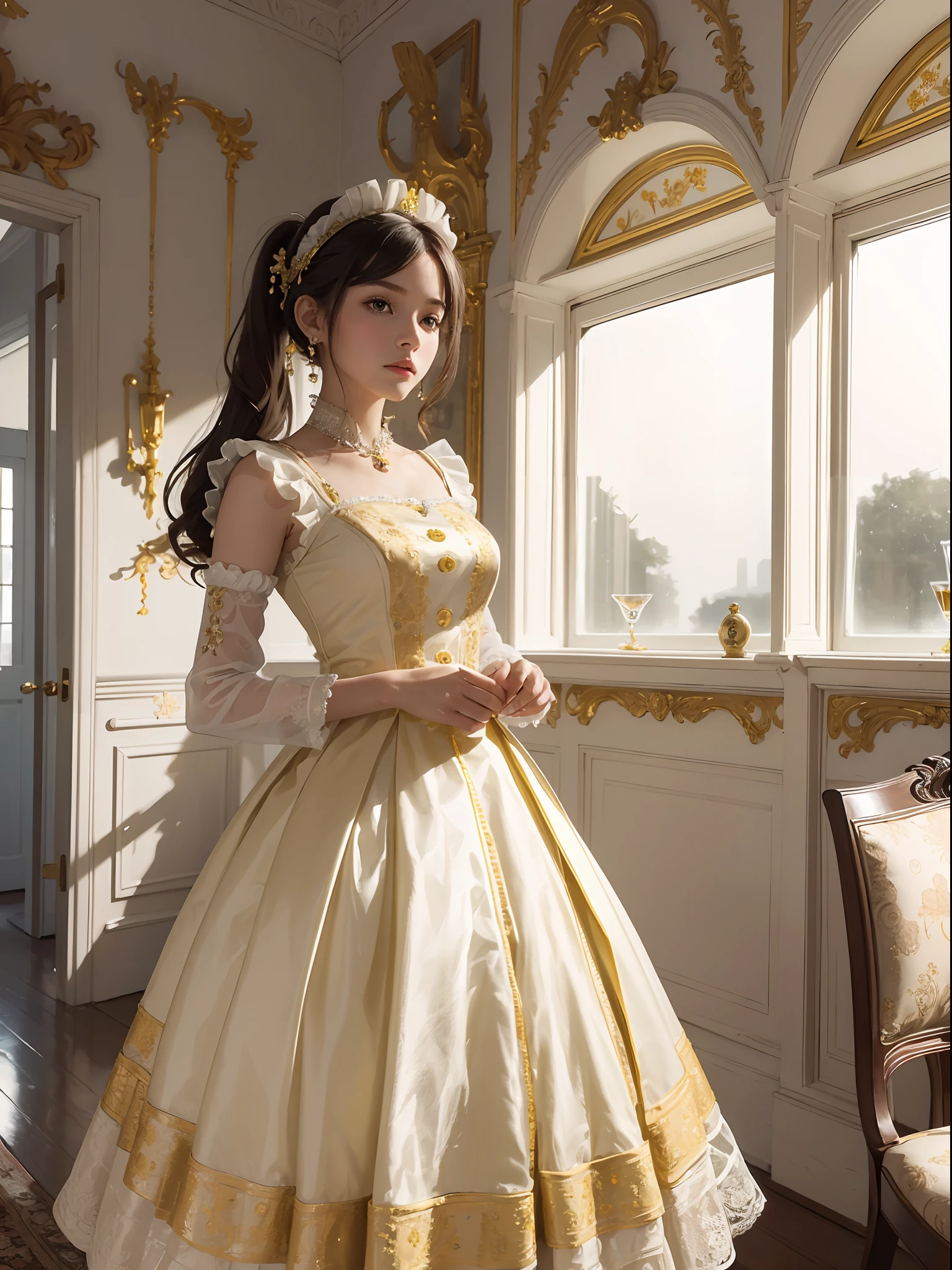 (masterpiece), (best quality), (ultra-detailed), IMAGE_TYPE: Portrait | GENRE: Fashion | EMOTION: Elegant | SCENE: A young girl in a yellow and white maid outfit standing gracefully in an elegantly decorated interior room | beautyful light, peaceful mood,