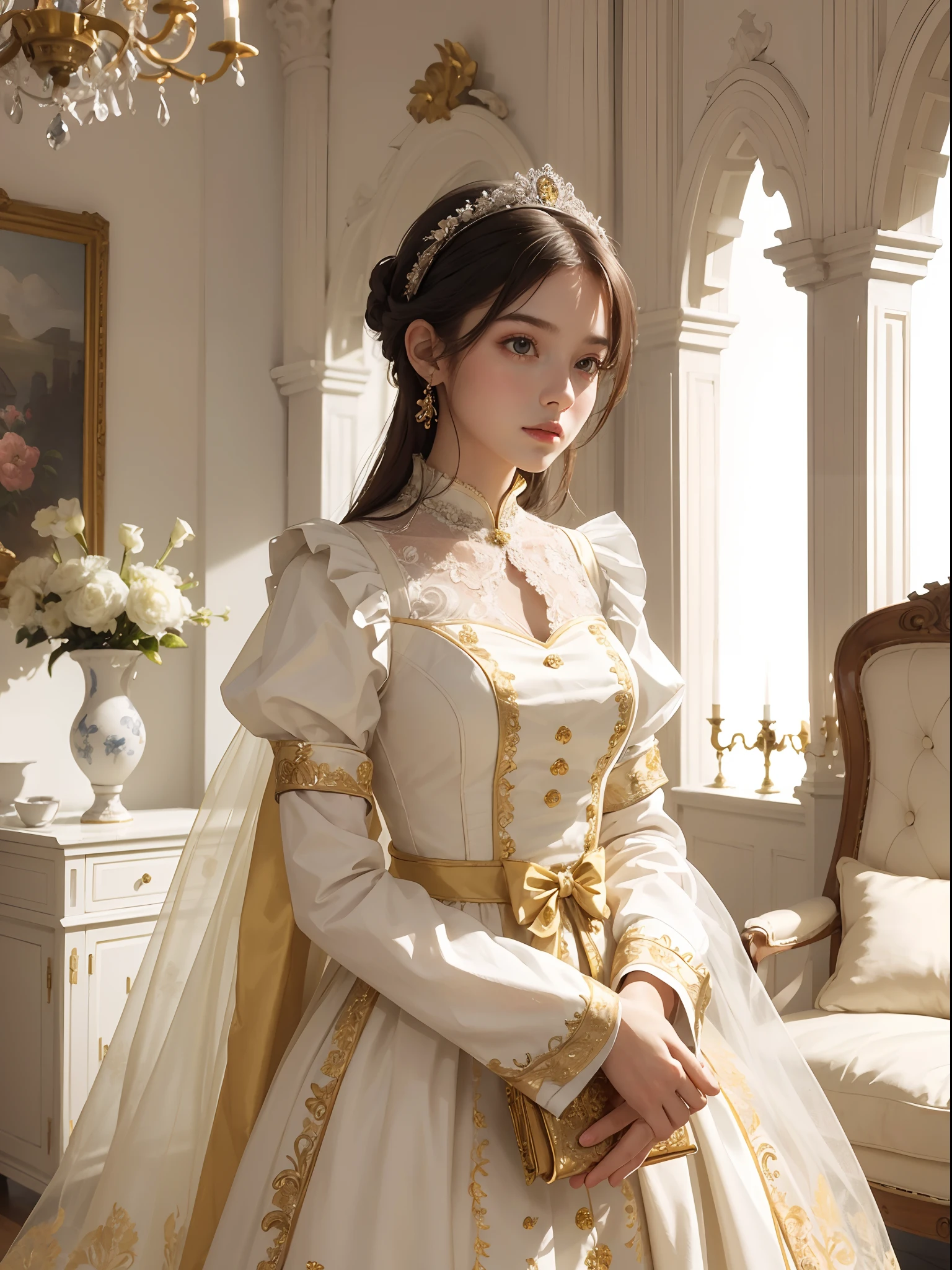 (masterpiece), (best quality), (ultra-detailed), IMAGE_TYPE: Portrait | GENRE: Fashion | EMOTION: Elegant | SCENE: A young girl in a yellow and white maid outfit standing gracefully in an elegantly decorated interior room | beautyful light, peaceful mood,