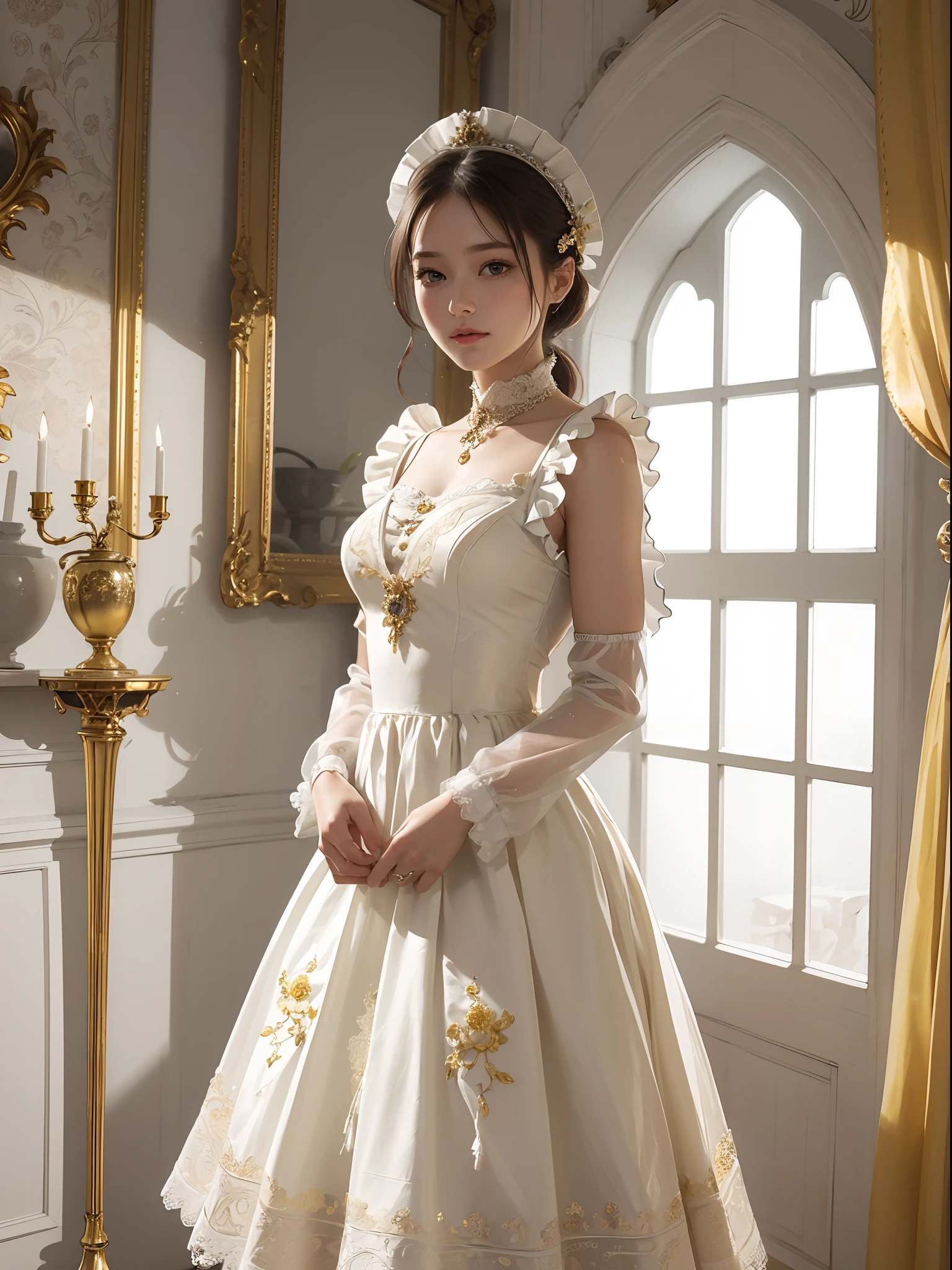 (masterpiece), (best quality), (ultra-detailed), IMAGE_TYPE: Portrait | GENRE: Fashion | EMOTION: Elegant | SCENE: A young girl in a yellow and white maid outfit standing gracefully in an elegantly decorated interior room | beautyful light, peaceful mood,