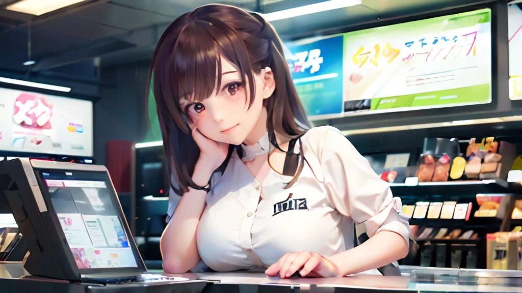 Anime girl sitting at counter with laptop in front of you, Kantai Collection Style, Fine details. girls' frontline, kantai collection arcade, girls frontline style, anime moe art style, from girls frontline, girls frontline cg, girls' frontline, Smooth Anime CG Art, girls frontline universe, convenience store, guweiz, official artwork, at the counter