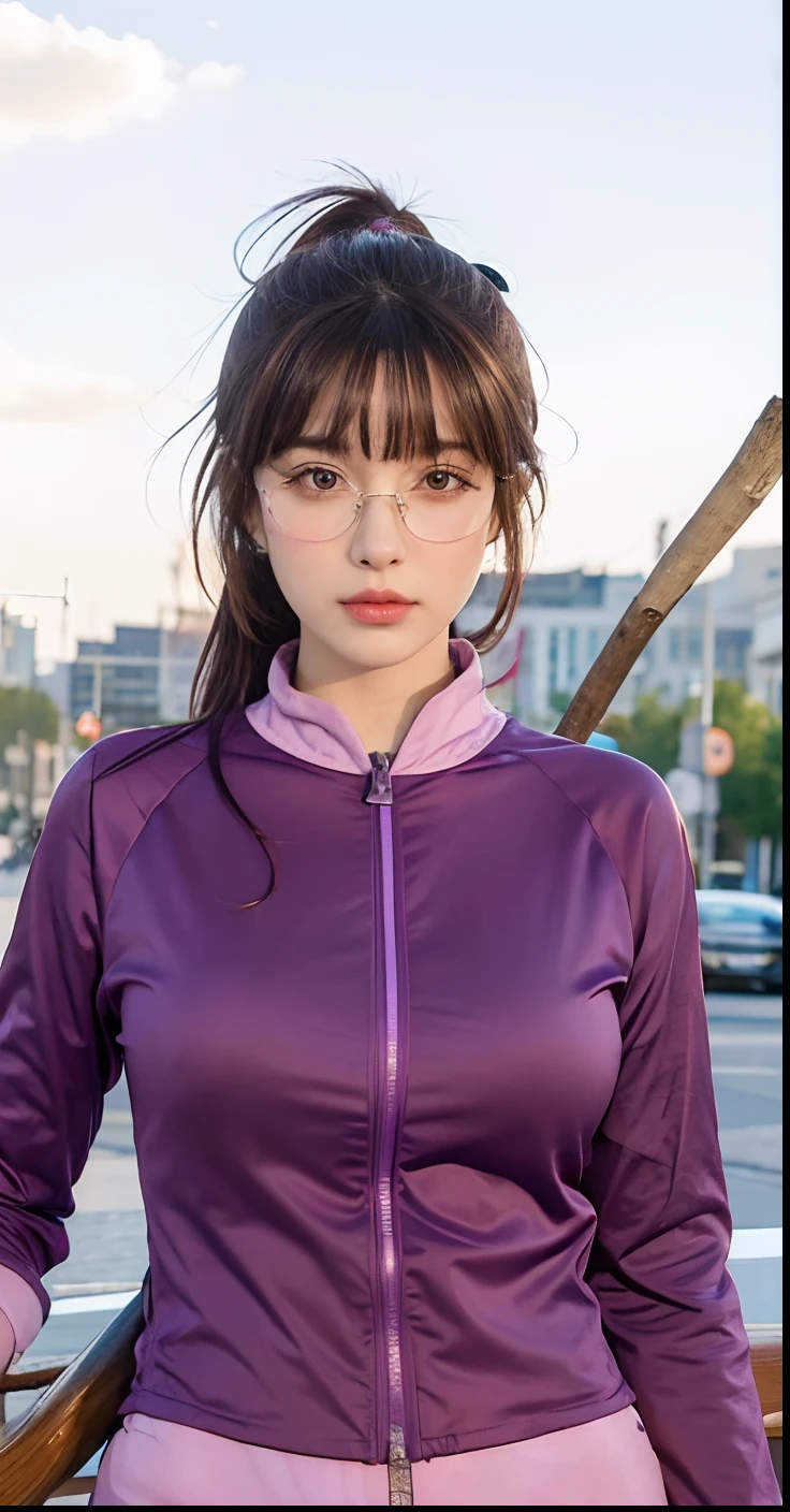 8k art,masterpiece, best quality, beatiful girl,big breasts,taid hair,sacramento colours hair,brown eyes,purple suiter,purple eye glasses,a stick behind her,bangs