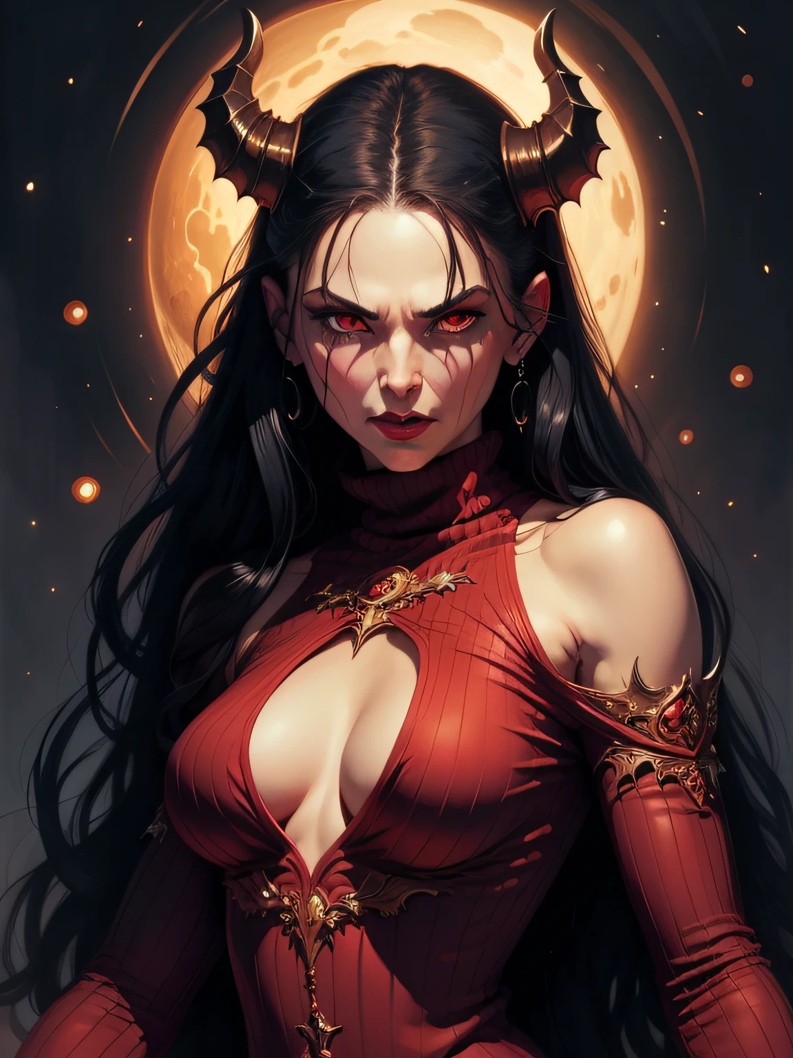 demon woman wearing a christmas sweater, upper body, art by gerald brom