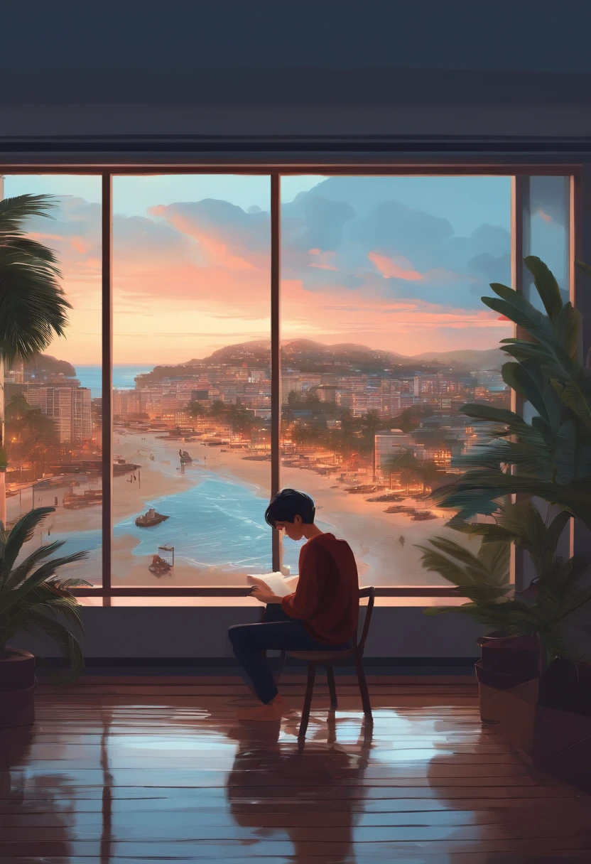 Make a lofi art in animation with a boy studying in front of a window of a building, com vista para praia em um dia de chuva