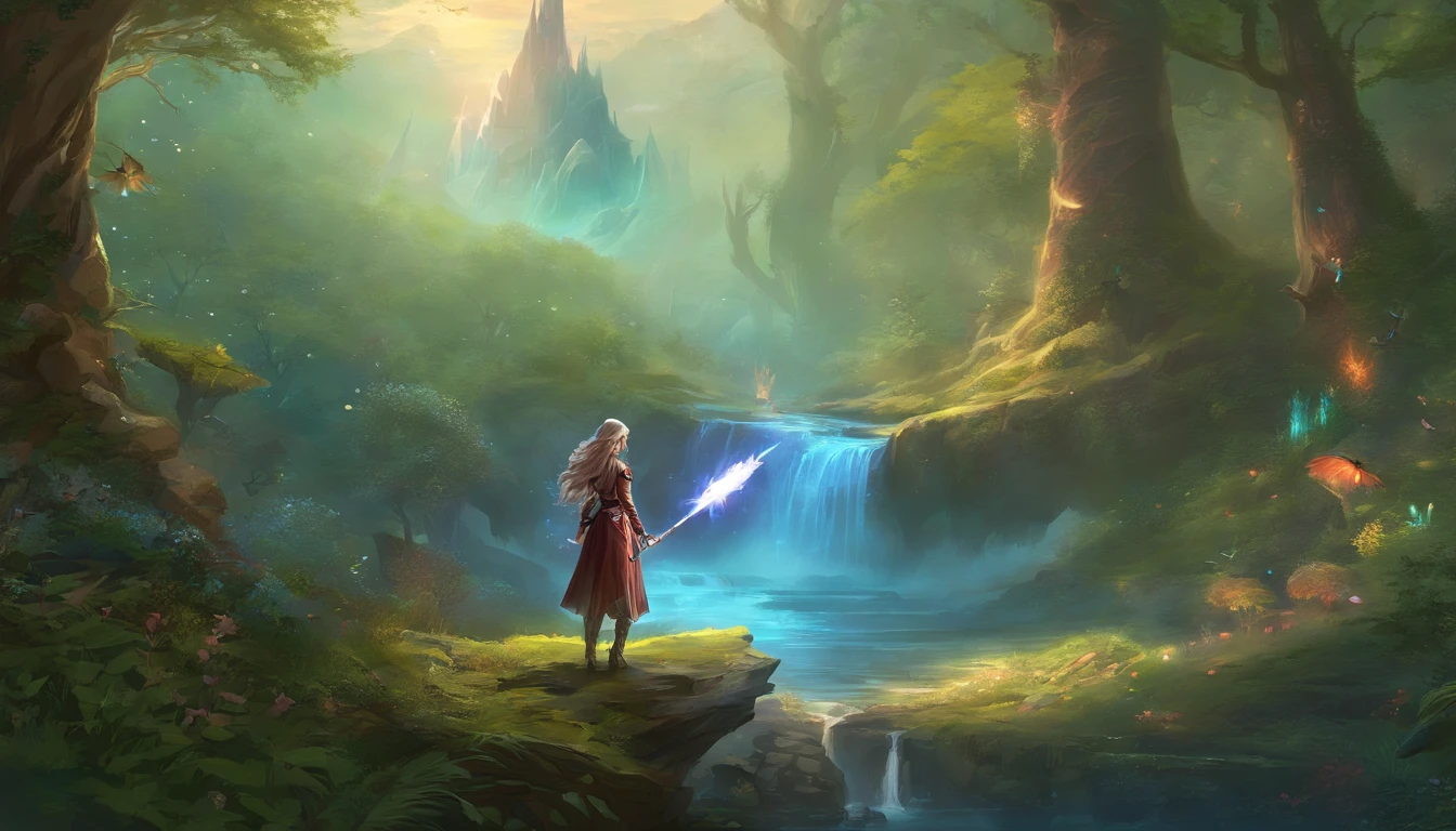 Arafed image of a woman in a forest holding a magic staff, fantasy card game art, detailed 2D digital fantasy art, Magali Villeneuve graphic artist, 4k fantasy art, epic fantasy digital art style, behance fantasy art, fantasy game art, detailed fantasy art, portrait of a female magician,  d & d digital fantasy art, high quality fantasy art