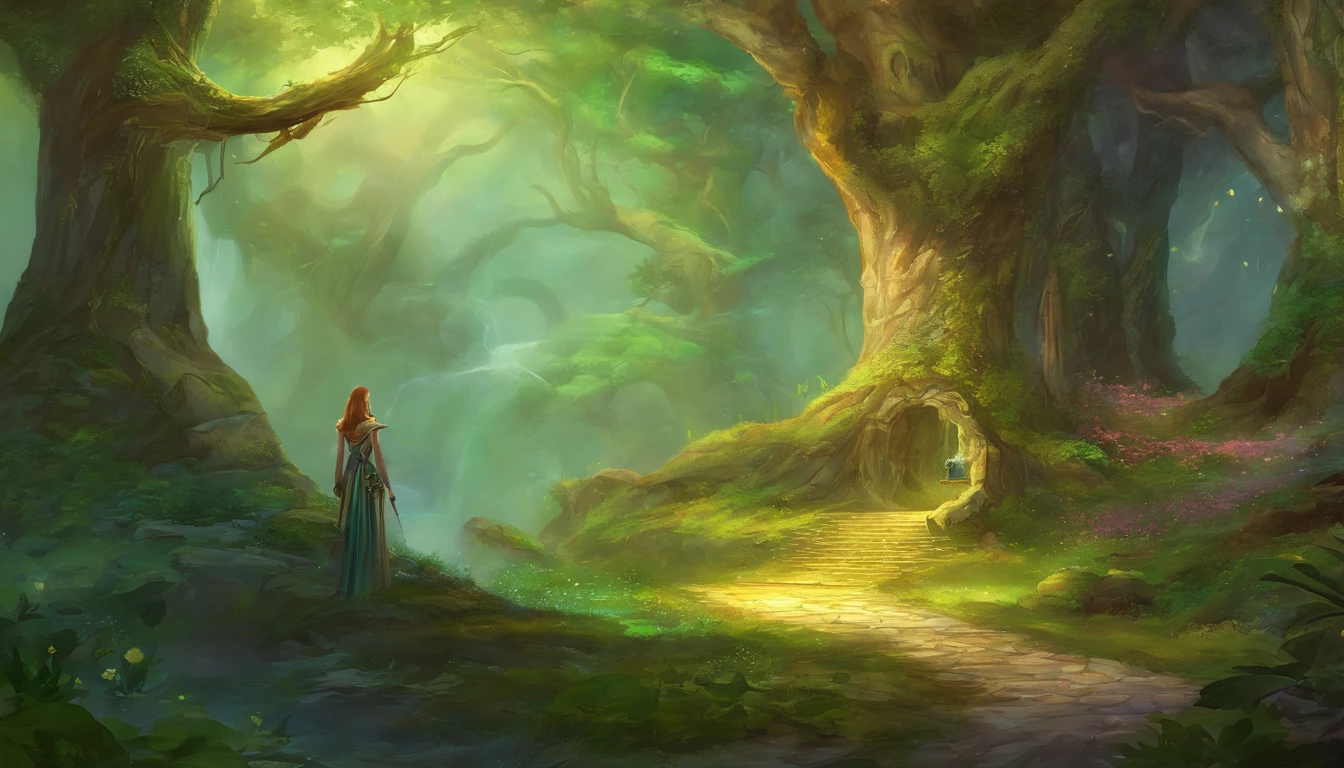 Arafed image of a woman in a forest holding a magic staff, fantasy card game art, detailed 2D digital fantasy art, Magali Villeneuve graphic artist, 4k fantasy art, epic fantasy digital art style, behance fantasy art, fantasy game art, detailed fantasy art, portrait of a female magician,  d & d digital fantasy art, high quality fantasy art