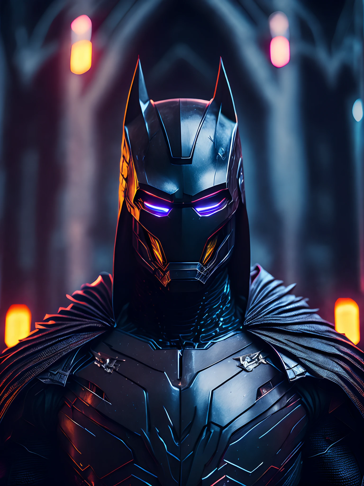 Dark portrait of the Evil Batman in Iron Man costume with intricate angular cybernetic implants inside a brutalist building, Gothic brutalist cathedral, Cyberpunk, foto premiada, Bokeh, neon lights, cybernetic limb