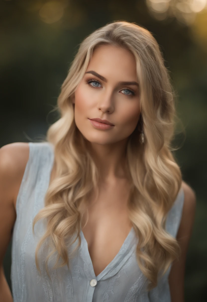 (Mikayla Demaiter) (Photo 4K:1.1), (mise au point nette:1.3), High detail, Porter (Chemise moulante:1.2), beautifull detailed face, yeux bleus, longs cheveux blonds, (attractive young woman:1.3), (Seductive:1.1), (rougissant:1.1), Forme du corps du sablier, petits seins ronds, hanches larges, hyper-realistic