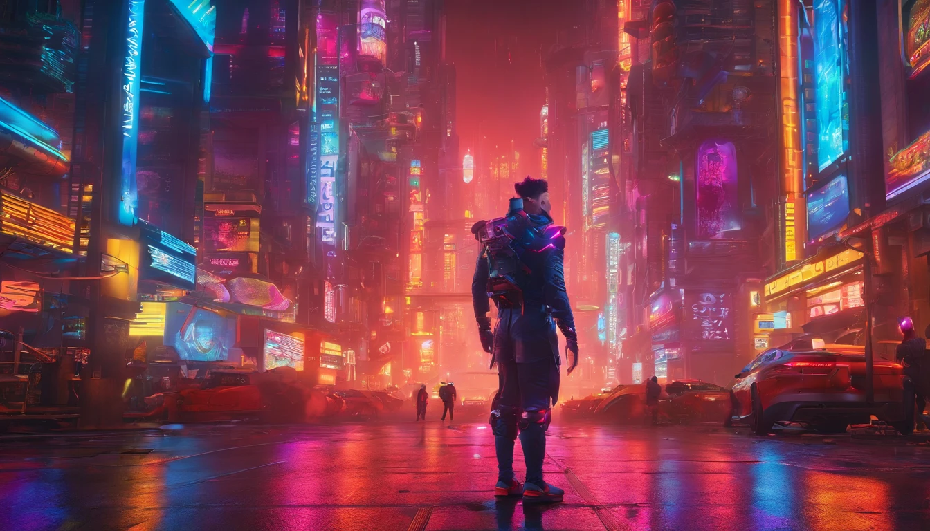 (masterpiece),( extremely detailed,8k wallpaper, HD, photography awards),(absurdres),(8k resolution),Organic Cyborg, with white organic exoskeleton, standing in front of a cyberpunk city, aerial view, full body, night, sky, stars, neon light, rim light, reflex,